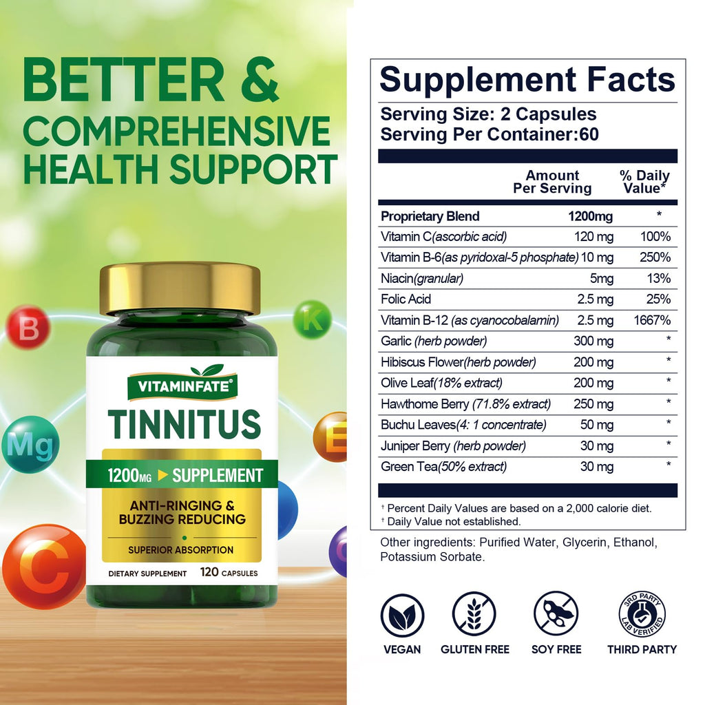 Tinnitus Relief for Ringing Ears 1200mg - 120 Capsules Advanced Ear Health Support Supplement | Supports Ear Health and Reduces Tinnitus Symptoms - Non-GMO & Vegan - TrustMedUSA