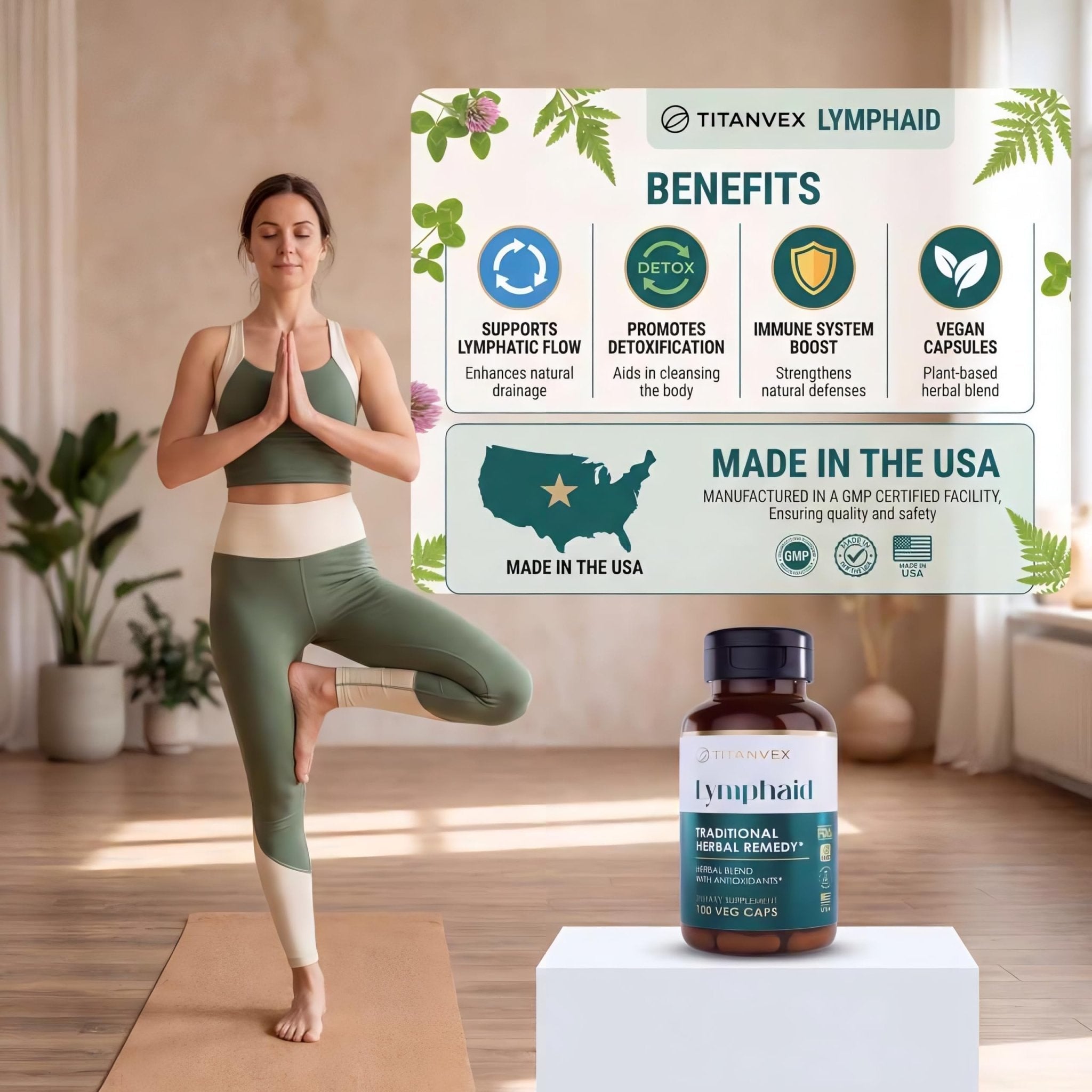 TitanVex Lymphaid - Lymphatic Drainage Supplement 100 Vegan Capsules, Herbal Lymphatic Support with Echinacea and Dandelion, Antioxidant, Respiratory and Urinary Wellbeing - Maple Wellness Supplements