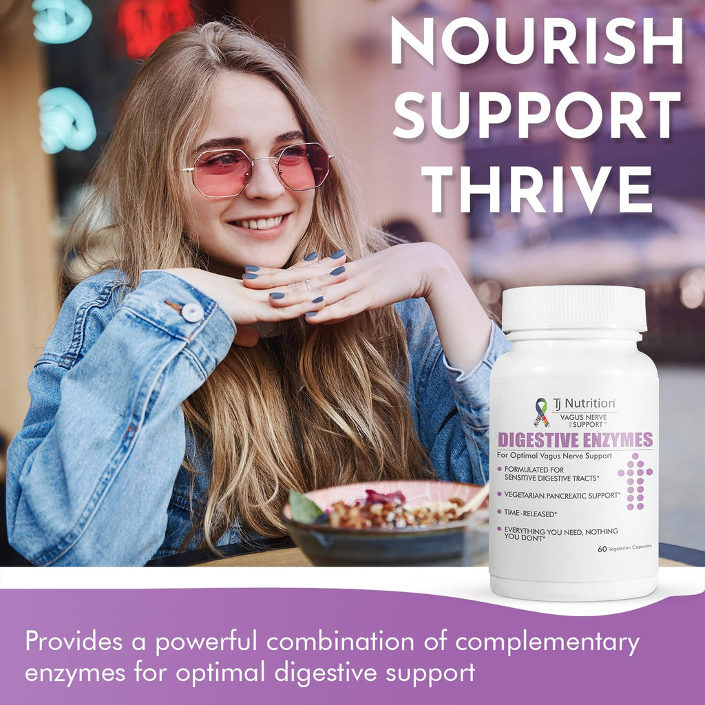 TJ Nutrition Digestive Enzymes for Sensitive Stomachs - Supports Vagus Nerve, Vegetarian Pancreatic Support, Timed Release Formula for Optimal Gut Health, Enhances Food Digestion & Gut Flora - TrustMedUSA