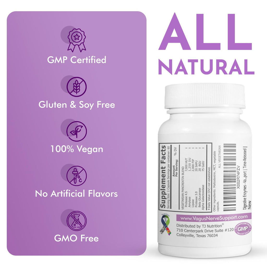 TJ Nutrition Digestive Enzymes for Sensitive Stomachs - Supports Vagus Nerve, Vegetarian Pancreatic Support, Timed Release Formula for Optimal Gut Health, Enhances Food Digestion & Gut Flora - TrustMedUSA