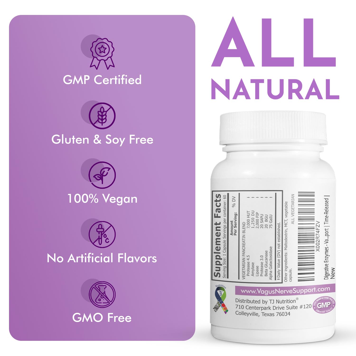 TJ Nutrition Digestive Enzymes for Sensitive Stomachs - Supports Vagus Nerve, Vegetarian Pancreatic Support, Timed Release Formula for Optimal Gut Health, Enhances Food Digestion & Gut Flora - TrustMedUSA