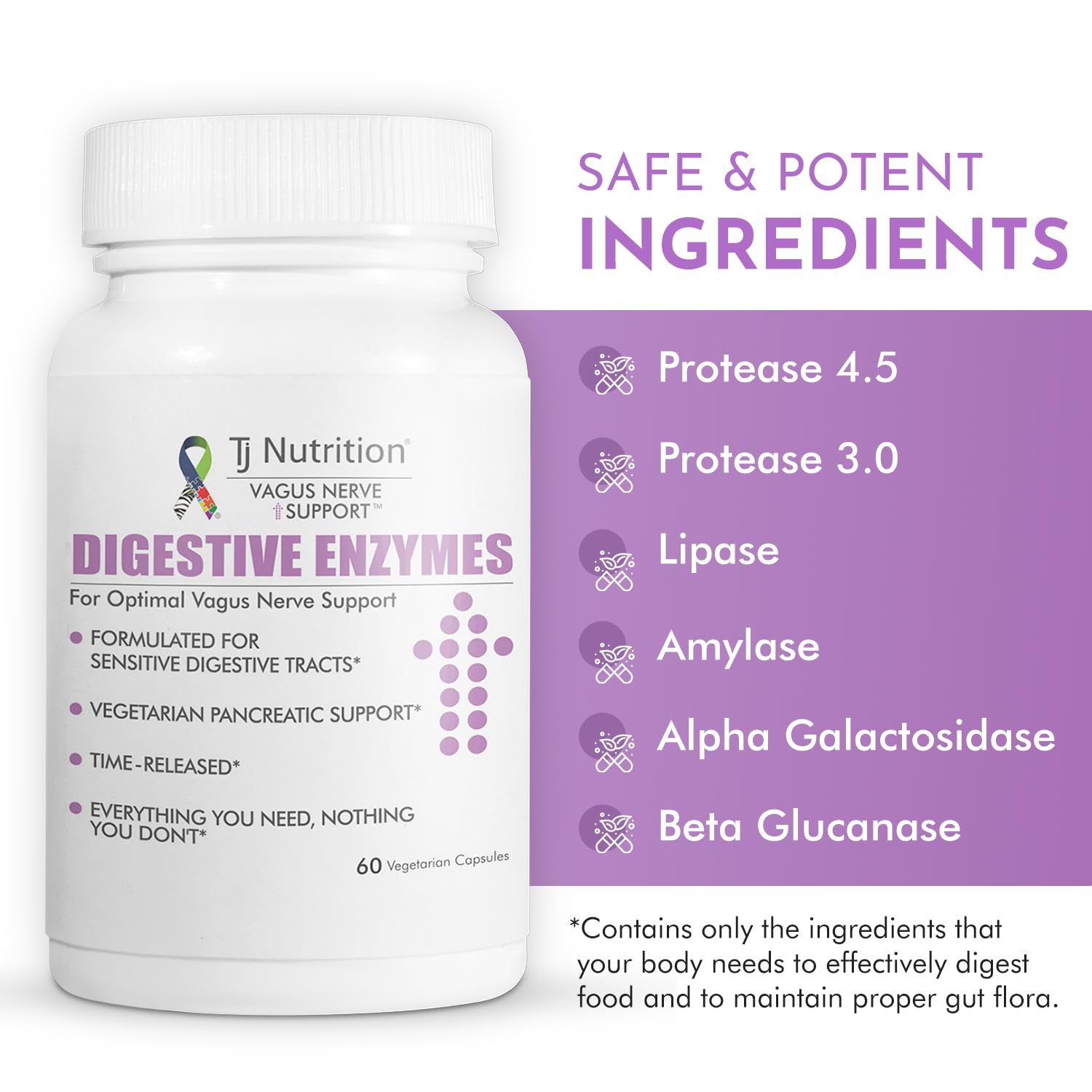 TJ Nutrition Digestive Enzymes for Sensitive Stomachs - Supports Vagus Nerve, Vegetarian Pancreatic Support, Timed Release Formula for Optimal Gut Health, Enhances Food Digestion & Gut Flora - TrustMedUSA