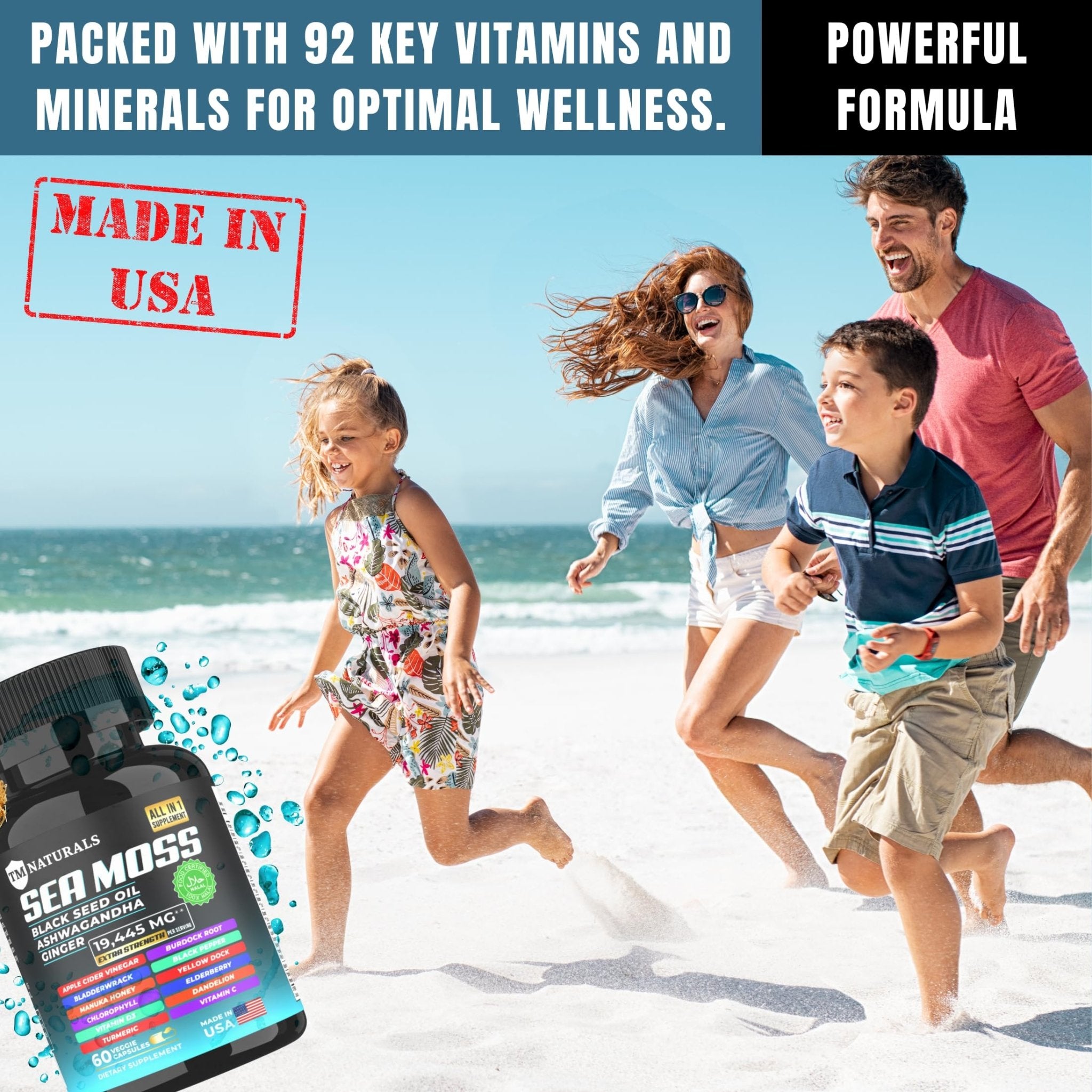 TM NATURALS Sea Moss with Black Seed Oil, Vitamin C, Ashwagandha and Turmeric for Immune Support & Energy - 60 Vegan Capsules + Free Pill Box - TrustMedUSA