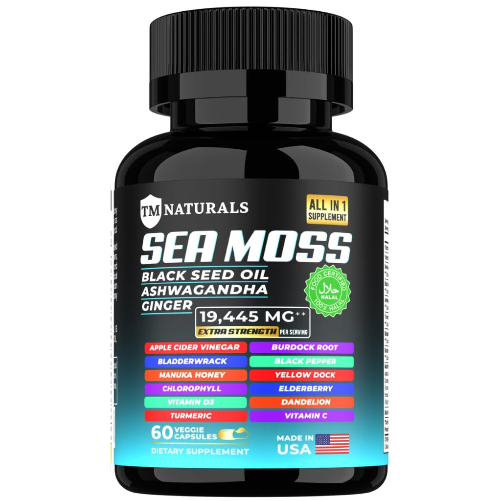 TM NATURALS Sea Moss with Black Seed Oil, Vitamin C, Ashwagandha and Turmeric for Immune Support & Energy - 60 Vegan Capsules + Free Pill Box - TrustMedUSA
