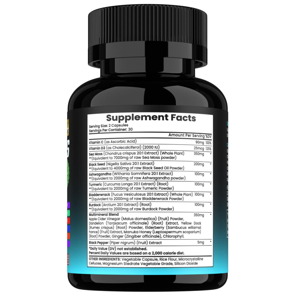 TM NATURALS Sea Moss with Black Seed Oil, Vitamin C, Ashwagandha and Turmeric for Immune Support & Energy - 60 Vegan Capsules + Free Pill Box - TrustMedUSA