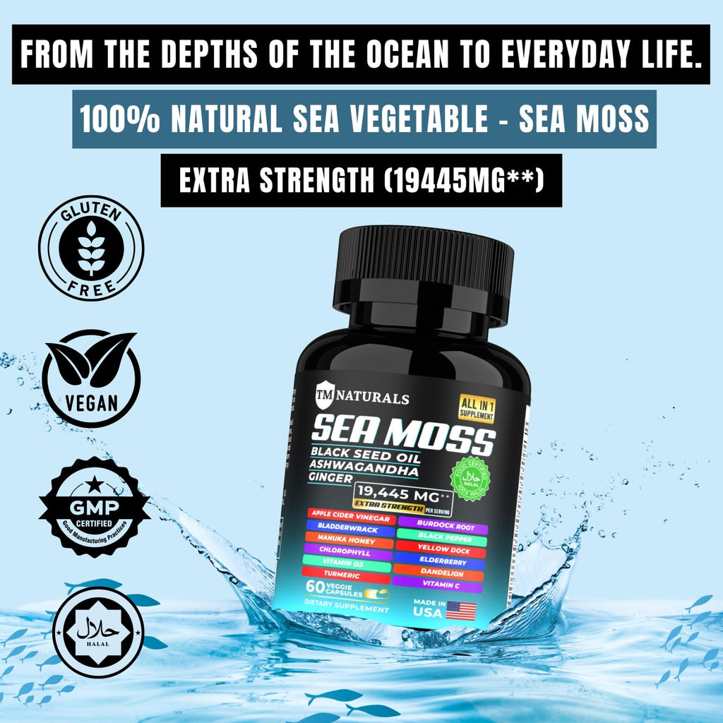 TM NATURALS Sea Moss with Black Seed Oil, Vitamin C, Ashwagandha and Turmeric for Immune Support & Energy - 60 Vegan Capsules + Free Pill Box - TrustMedUSA
