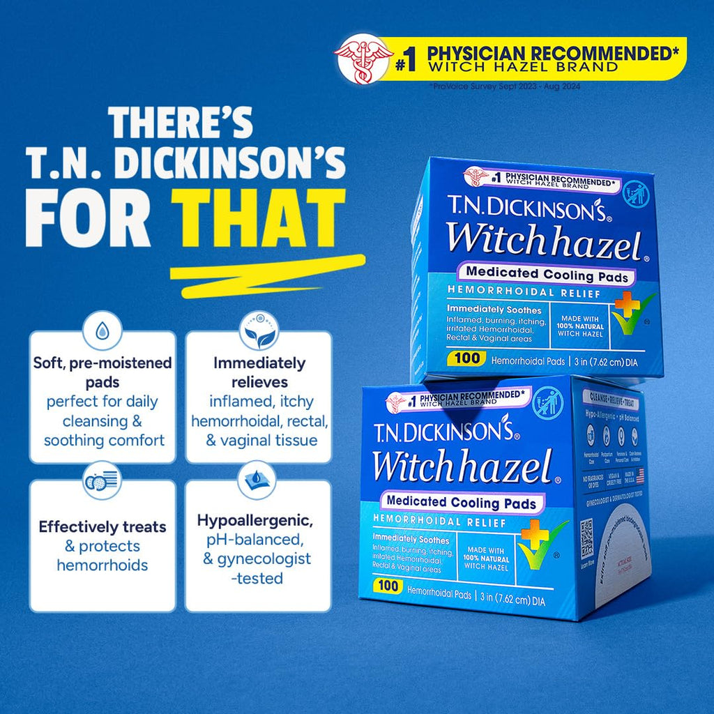 T.N. Dickinson’s Medicated Cooling Pads with Witch Hazel and Aloe | Hemorrhoid Treatment, Postpartum Care, Feminine & Rectal Relief | 100 Rounds - TrustMedUSA