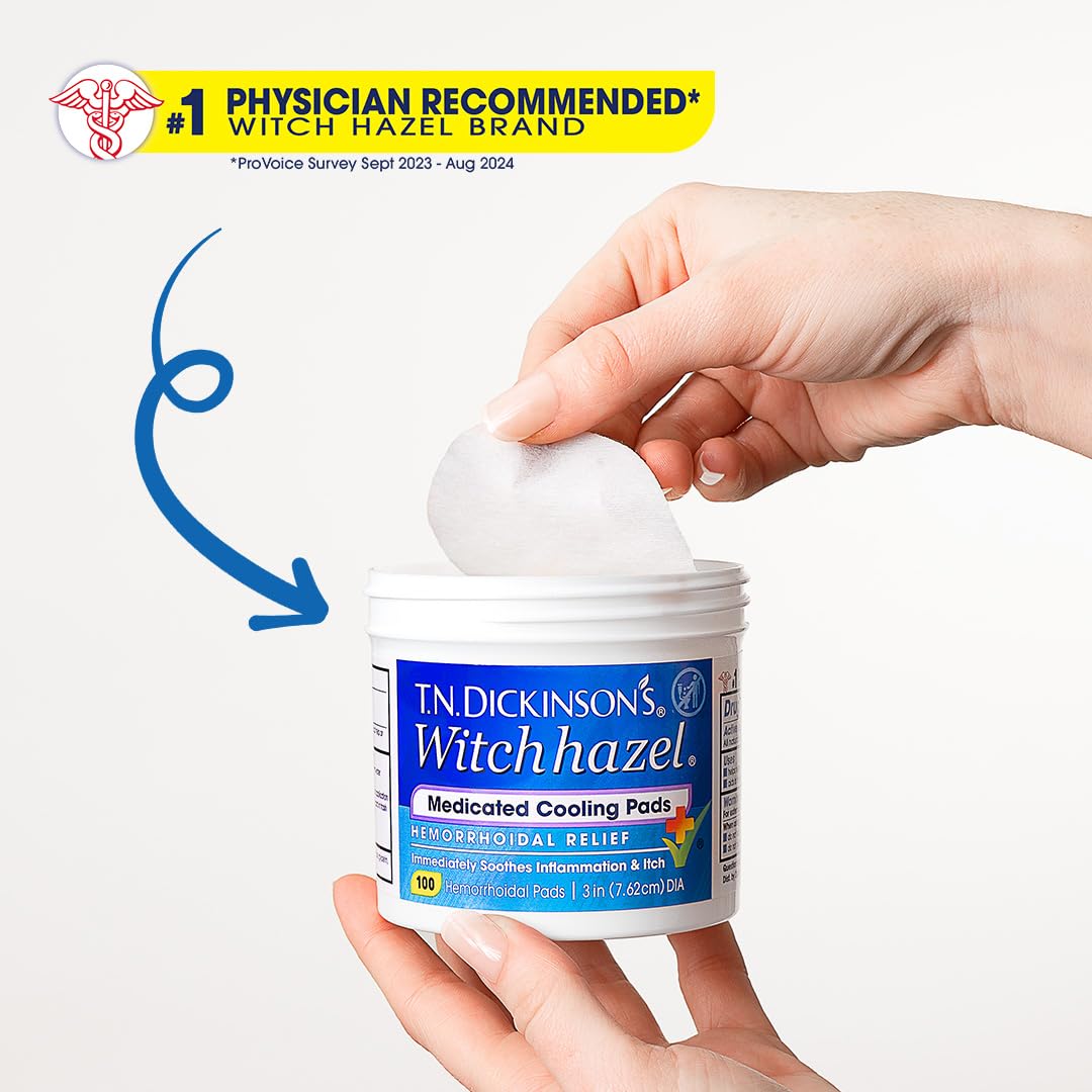 T.N. Dickinson’s Medicated Cooling Pads with Witch Hazel and Aloe | Hemorrhoid Treatment, Postpartum Care, Feminine & Rectal Relief | 100 Rounds - TrustMedUSA