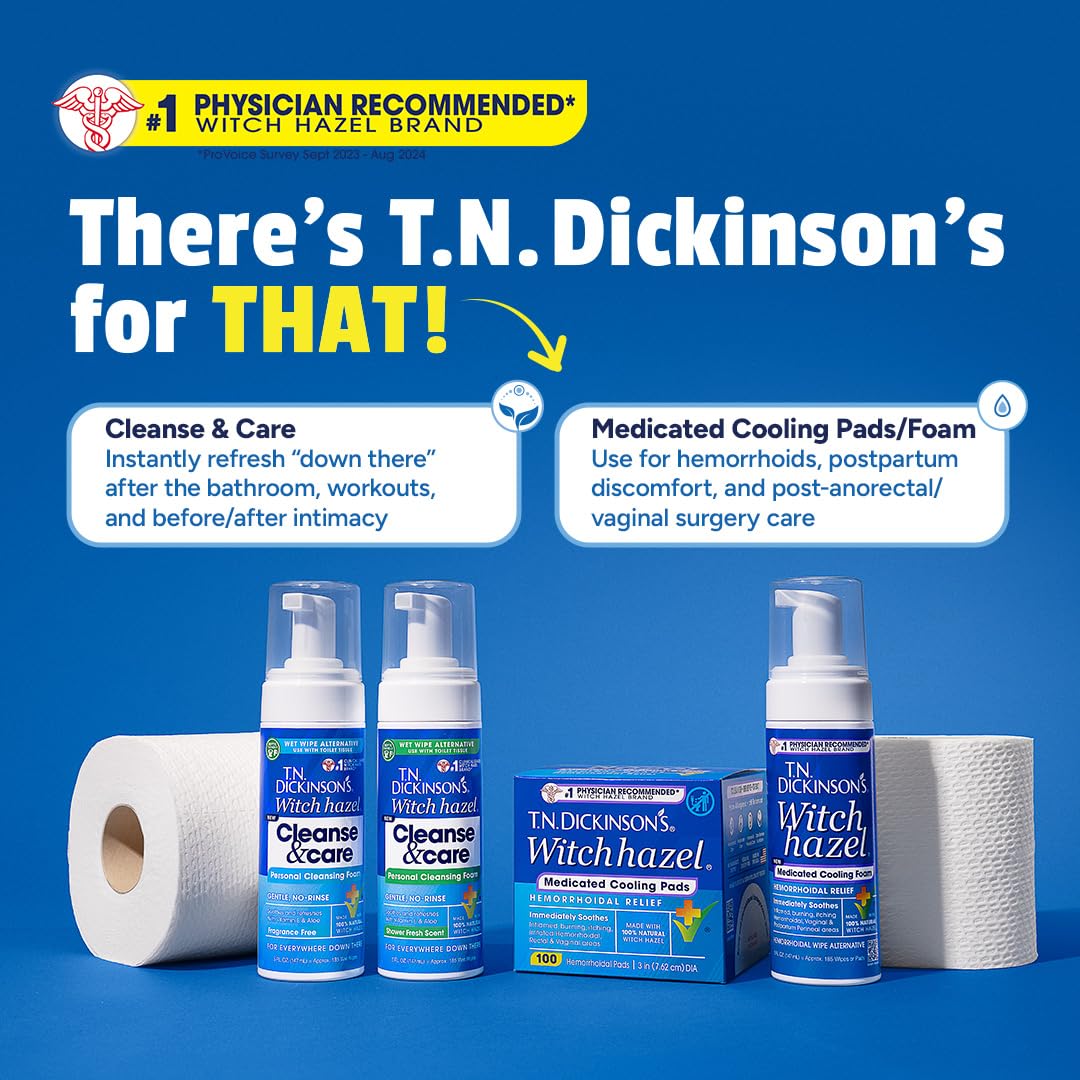 T.N. Dickinson’s Medicated Cooling Pads with Witch Hazel and Aloe | Hemorrhoid Treatment, Postpartum Care, Feminine & Rectal Relief | 100 Rounds - TrustMedUSA