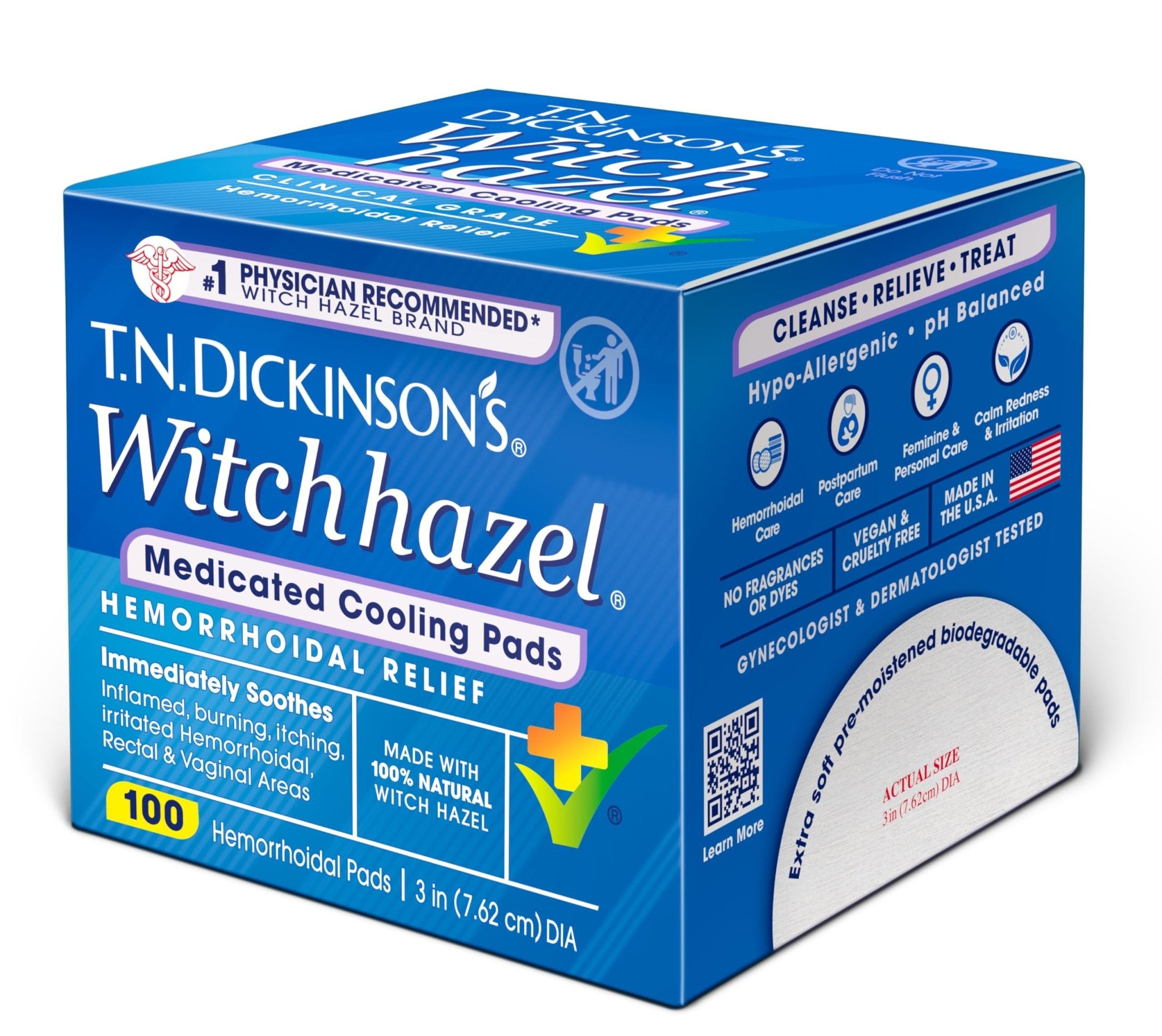 T.N. Dickinson’s Medicated Cooling Pads with Witch Hazel and Aloe | Hemorrhoid Treatment, Postpartum Care, Feminine & Rectal Relief | 100 Rounds - TrustMedUSA