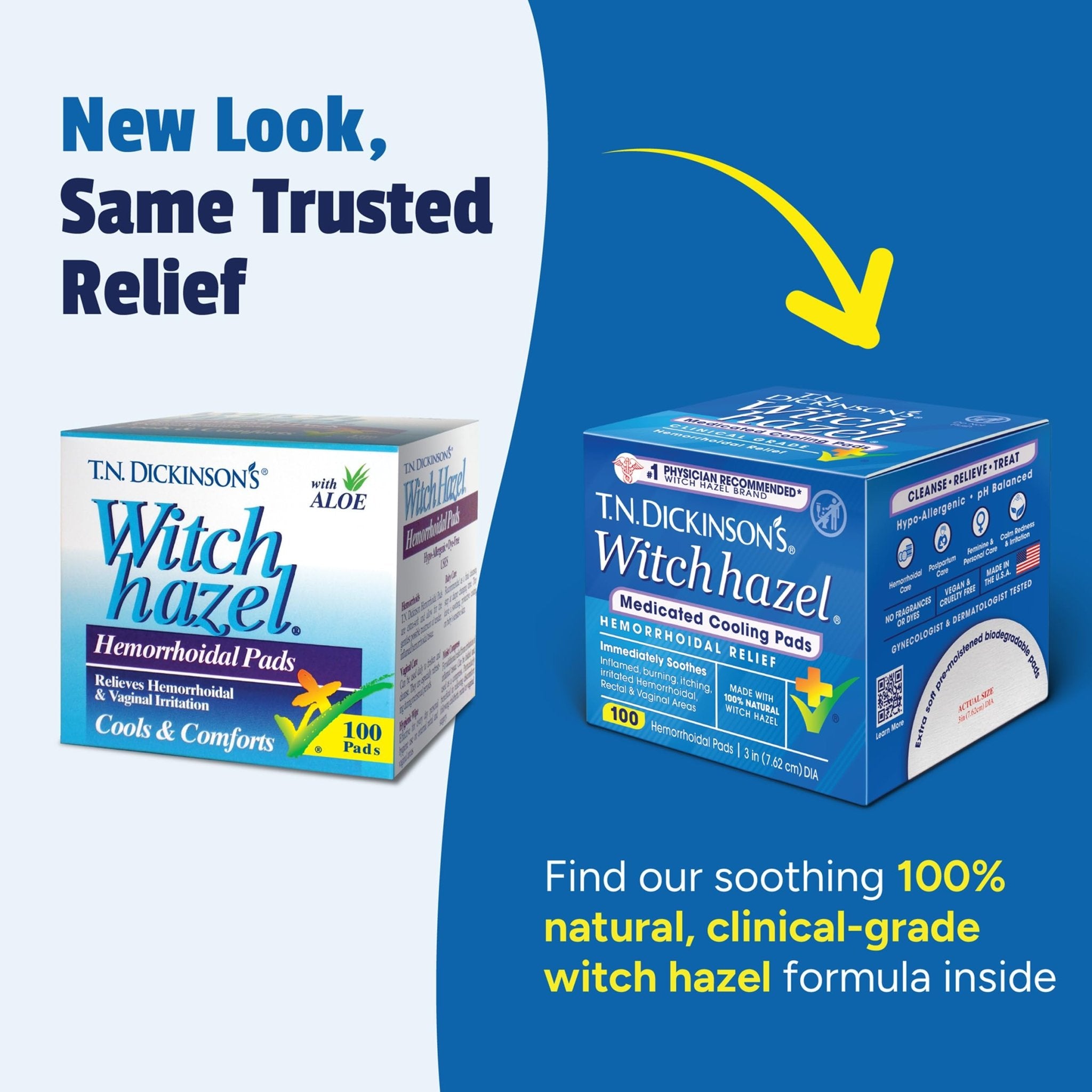 T.N. Dickinson’s Medicated Cooling Pads with Witch Hazel and Aloe | Hemorrhoid Treatment, Postpartum Care, Feminine & Rectal Relief | 100 Rounds - TrustMedUSA