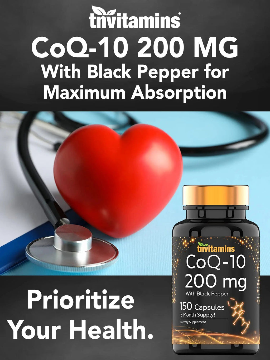 tnvitamins Ultra Potent CoQ-10 200 MG - 150 Capsules with Black Pepper Extract - TrustMedUSA