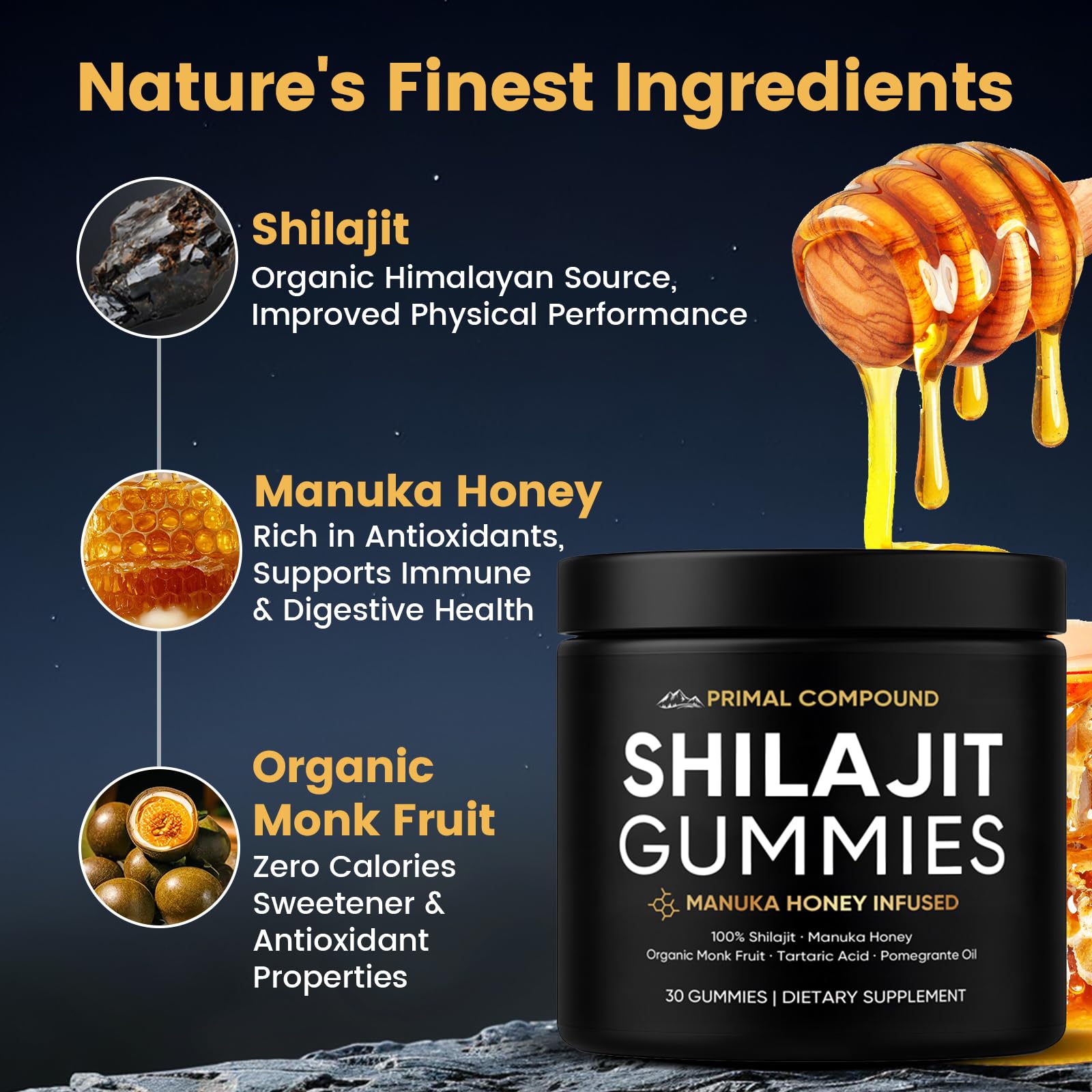 TOGOLIUN Primal Compound Shilajit Gummies for Men,with Manuka Honey, Organic Monk Fruit & Fulvic Acid, Shilajit Gummies Energy Supplements, 30 Gummies - TrustMedUSA