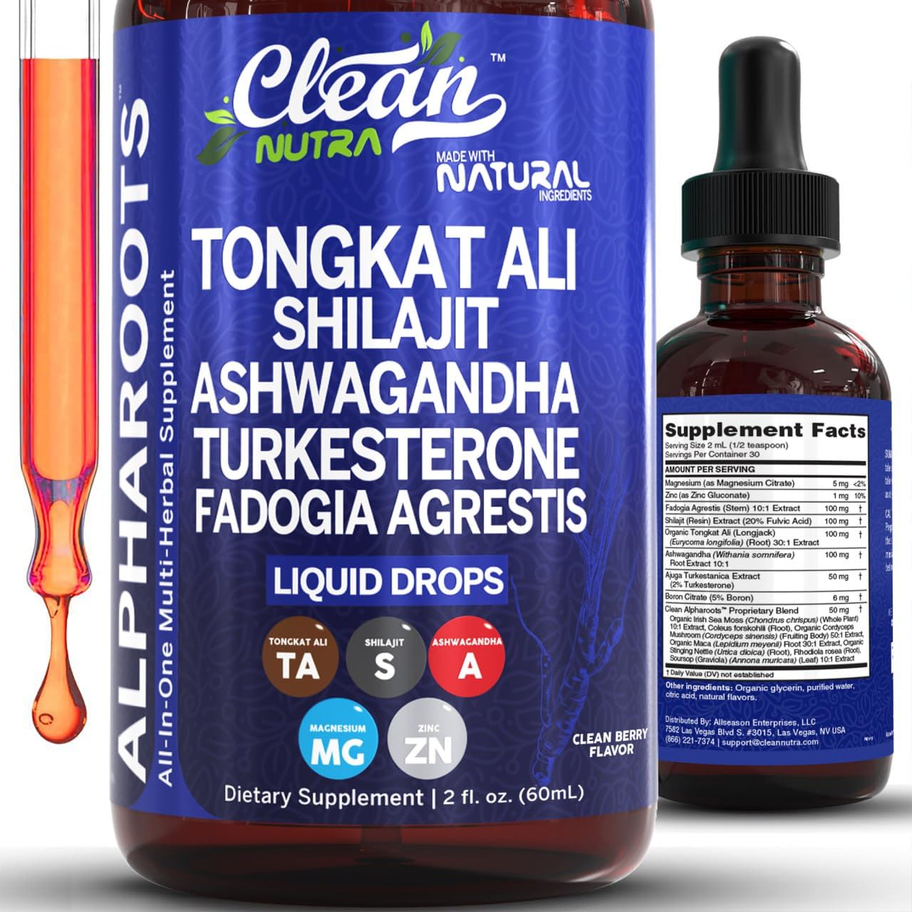 Tongkat Ali Liquid Drops Shilajit, Ashwagandha, Turkesterone, Fadogia Agrestis, Magnesium, Irish Sea Moss, and Zinc Herbal Supplement by Clean Nutra - TrustMedUSA