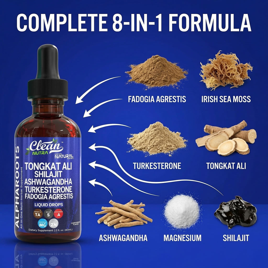Tongkat Ali Liquid Drops Shilajit, Ashwagandha, Turkesterone, Fadogia Agrestis, Magnesium, Irish Sea Moss, and Zinc Herbal Supplement by Clean Nutra - TrustMedUSA