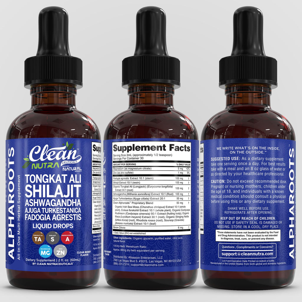 Tongkat Ali Liquid Drops Shilajit, Ashwagandha, Turkesterone, Fadogia Agrestis, Magnesium, Irish Sea Moss, and Zinc Herbal Supplement by Clean Nutra - TrustMedUSA