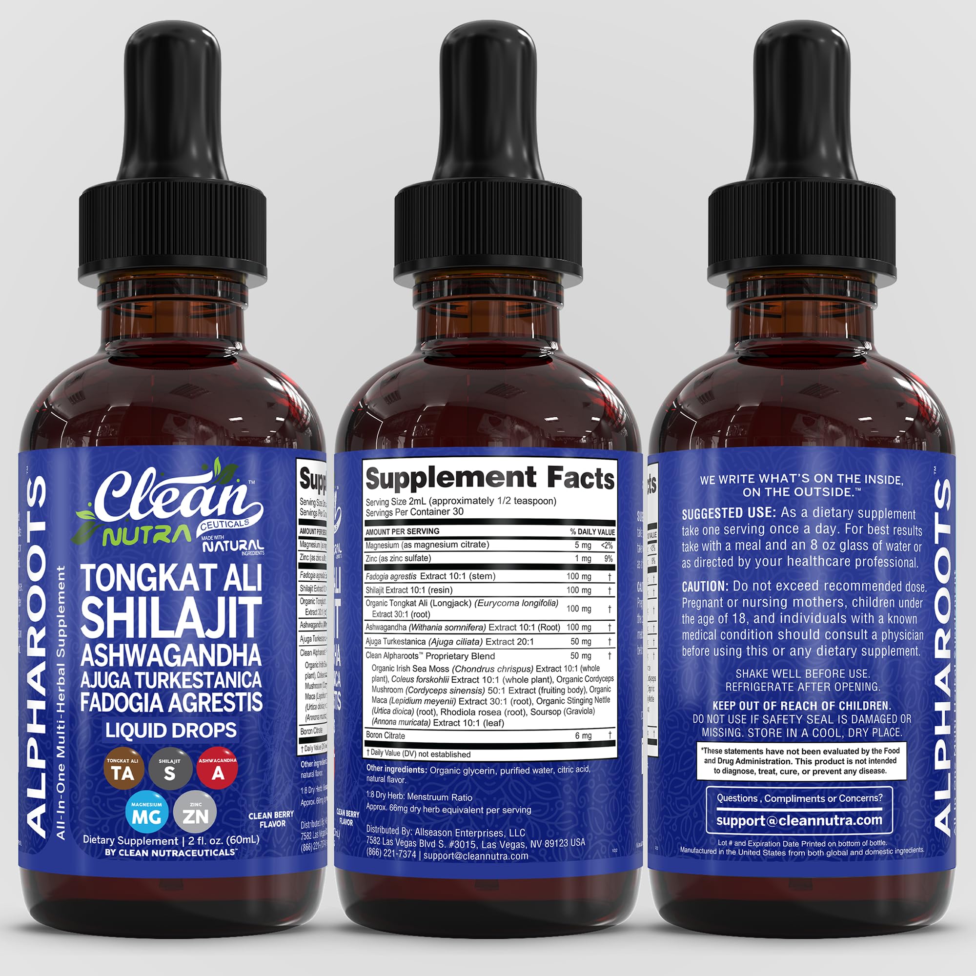 Tongkat Ali Liquid Drops Shilajit, Ashwagandha, Turkesterone, Fadogia Agrestis, Magnesium, Irish Sea Moss, and Zinc Herbal Supplement by Clean Nutra - TrustMedUSA