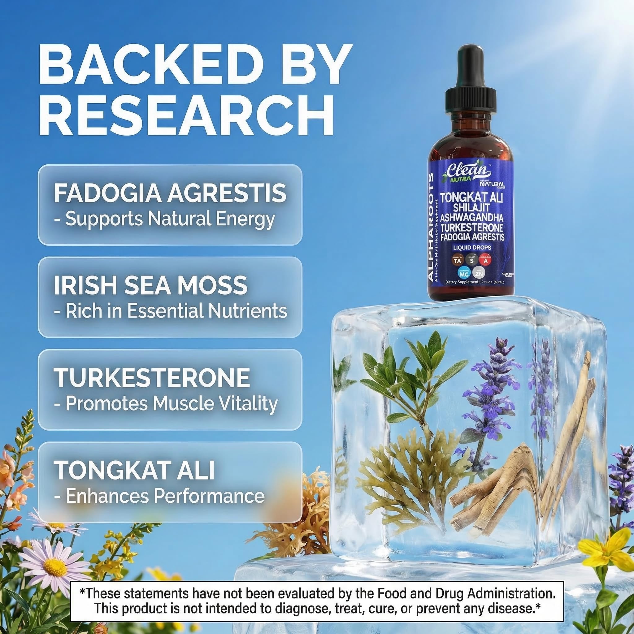 Tongkat Ali Liquid Drops Shilajit, Ashwagandha, Turkesterone, Fadogia Agrestis, Magnesium, Irish Sea Moss, and Zinc Herbal Supplement by Clean Nutra - TrustMedUSA