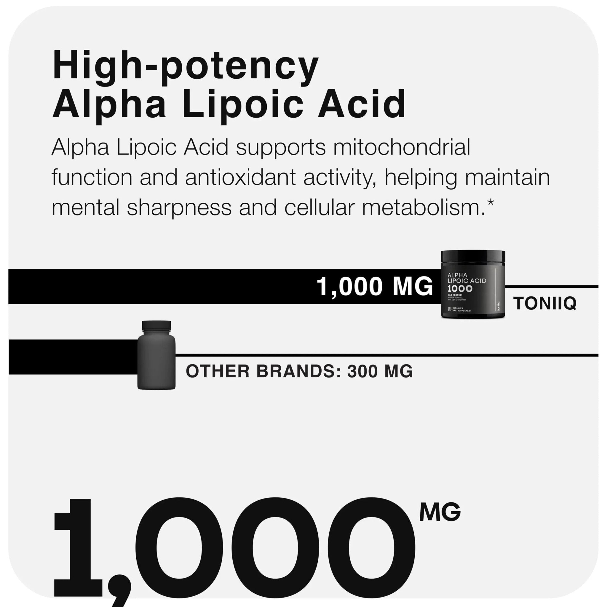 Toniiq 1000mg Ultra High Strength Alpha Lipoic Acid Capsules - Highly Purified 99%+ USP Standard - 120 Capsules ALA Supplement - TrustMedUSA