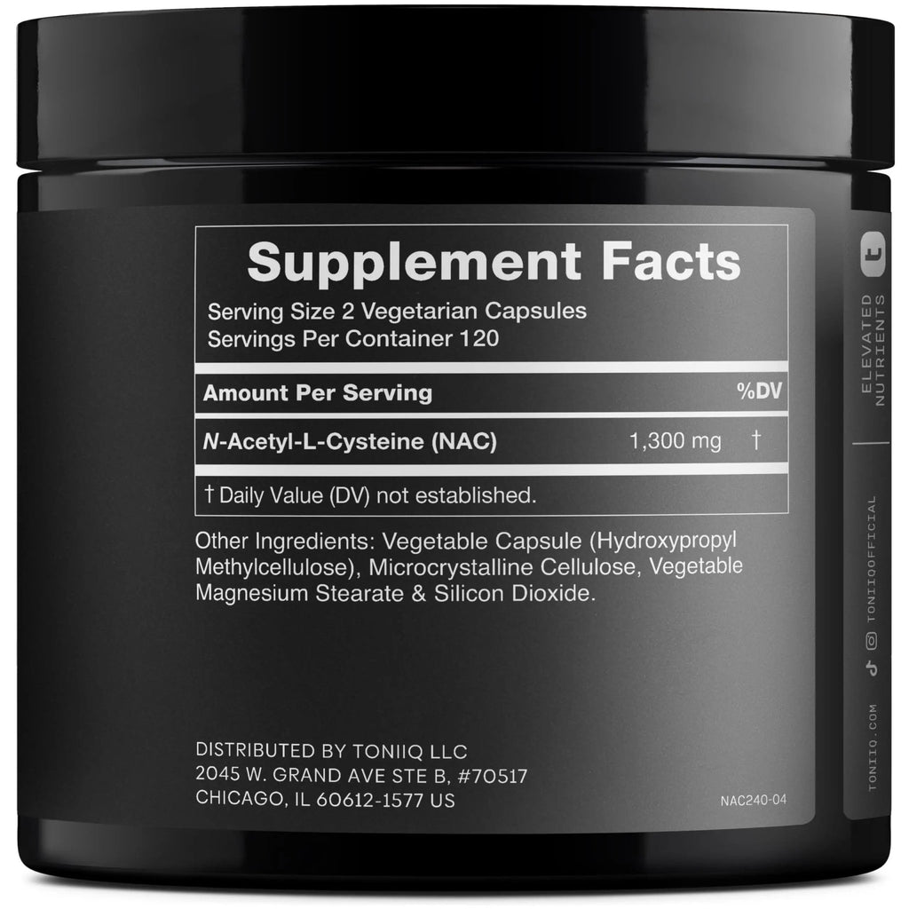 Toniiq 1300mg NAC - 4 Month Supply - Min. 98%+ Tested Purity - Ultra High Strength Bioavailable NAC Cysteine Supplement - 240 Vegetarian N Acetyl Cysteine - TrustMedUSA