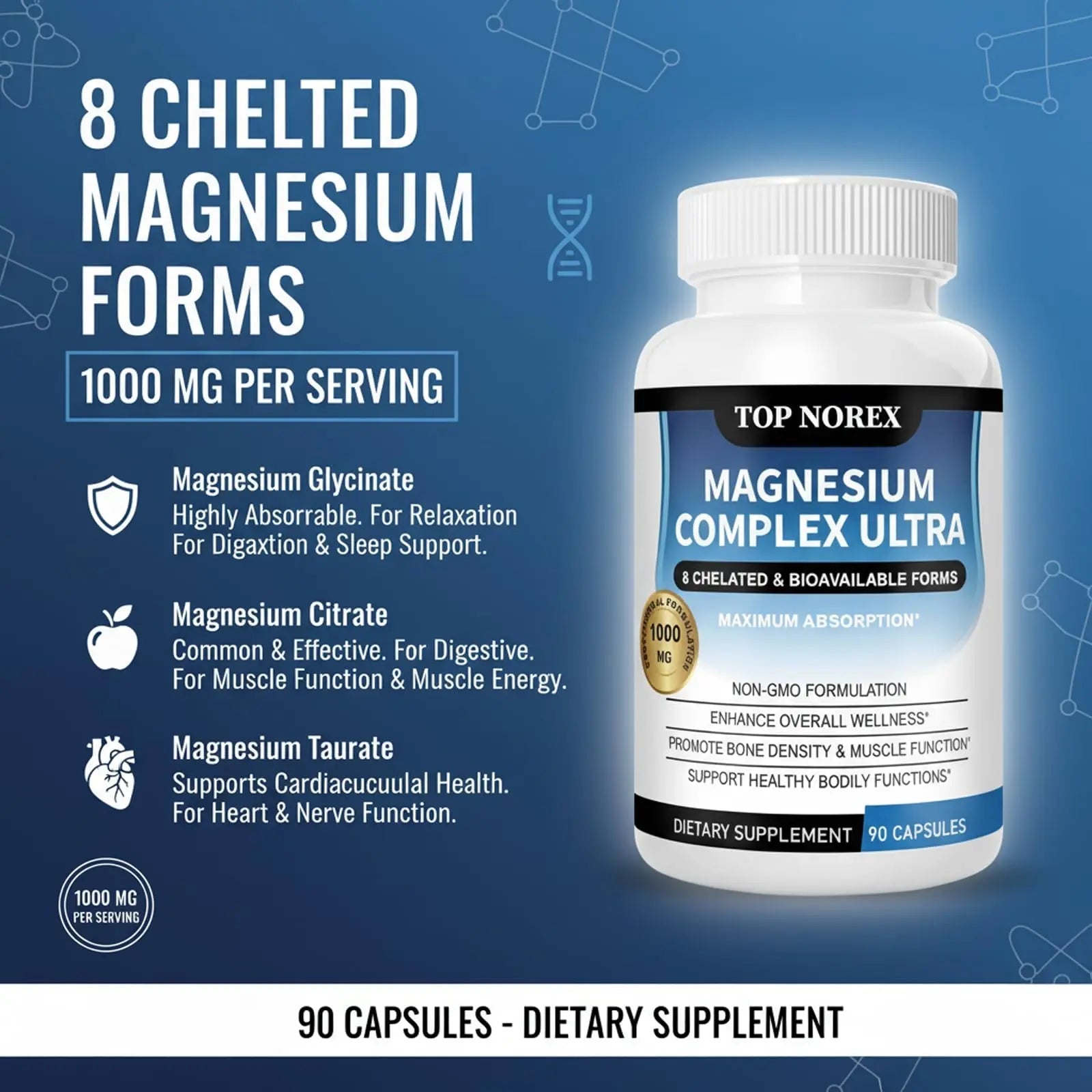 Top Norex Magnesium Complex Ultra - 8 Elemental 1000mg Magnesium Blend, Easy Absorption, 90 Capsules (1) - TrustMedUSA
