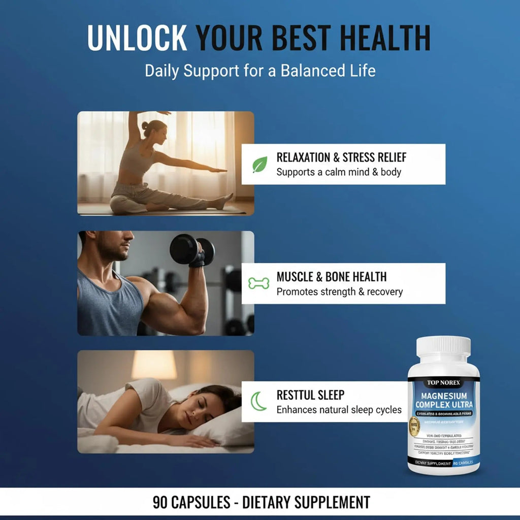 Top Norex Magnesium Complex Ultra - 8 Elemental 1000mg Magnesium Blend, Easy Absorption, 90 Capsules (1) - TrustMedUSA