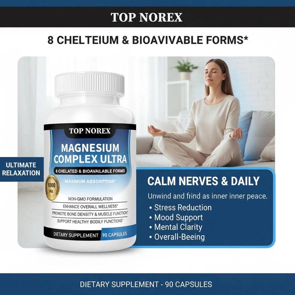 Top Norex Magnesium Complex Ultra - 8 Elemental 1000mg Magnesium Blend, Easy Absorption, 90 Capsules (1) - TrustMedUSA