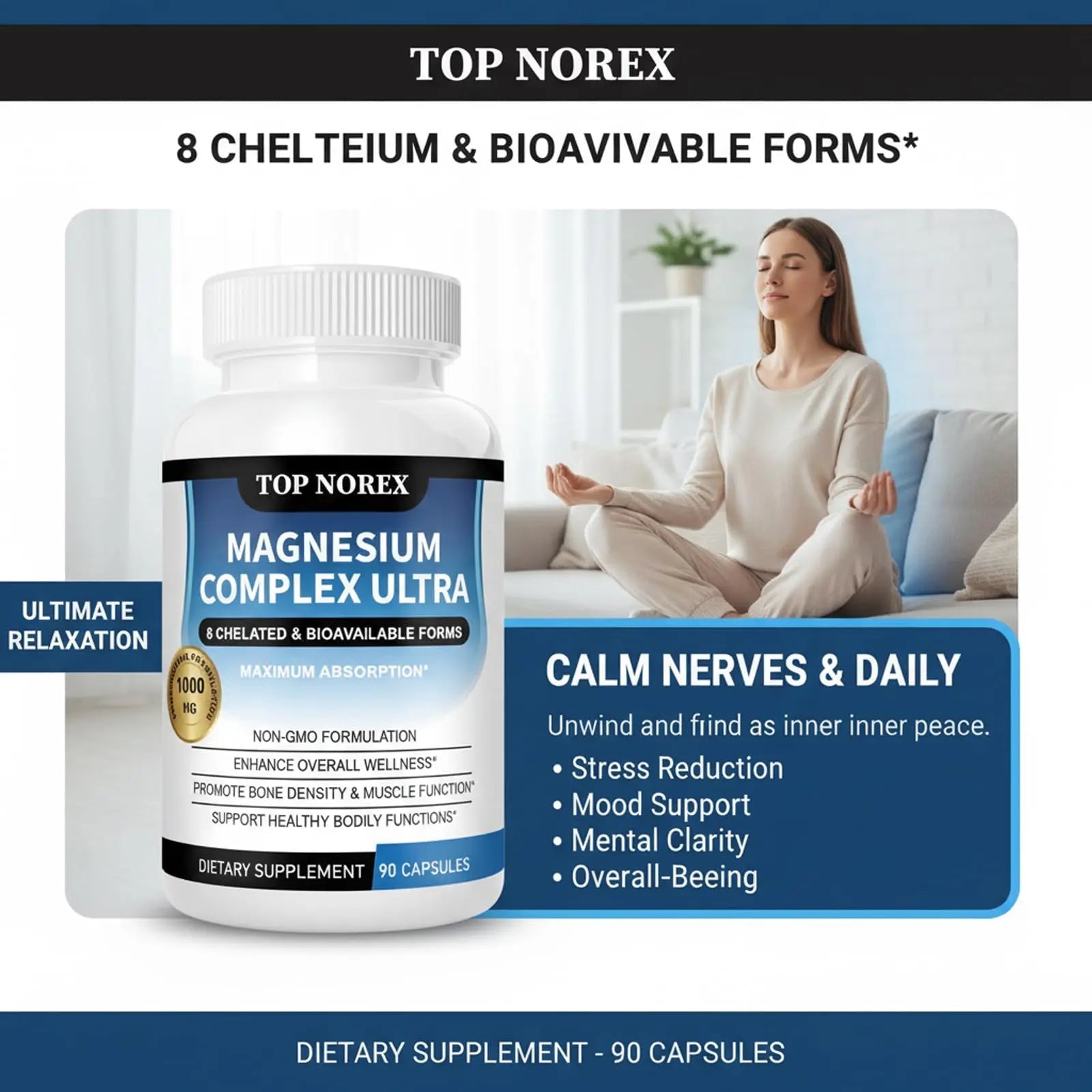 Top Norex Magnesium Complex Ultra - 8 Elemental 1000mg Magnesium Blend, Easy Absorption, 90 Capsules (1) - TrustMedUSA