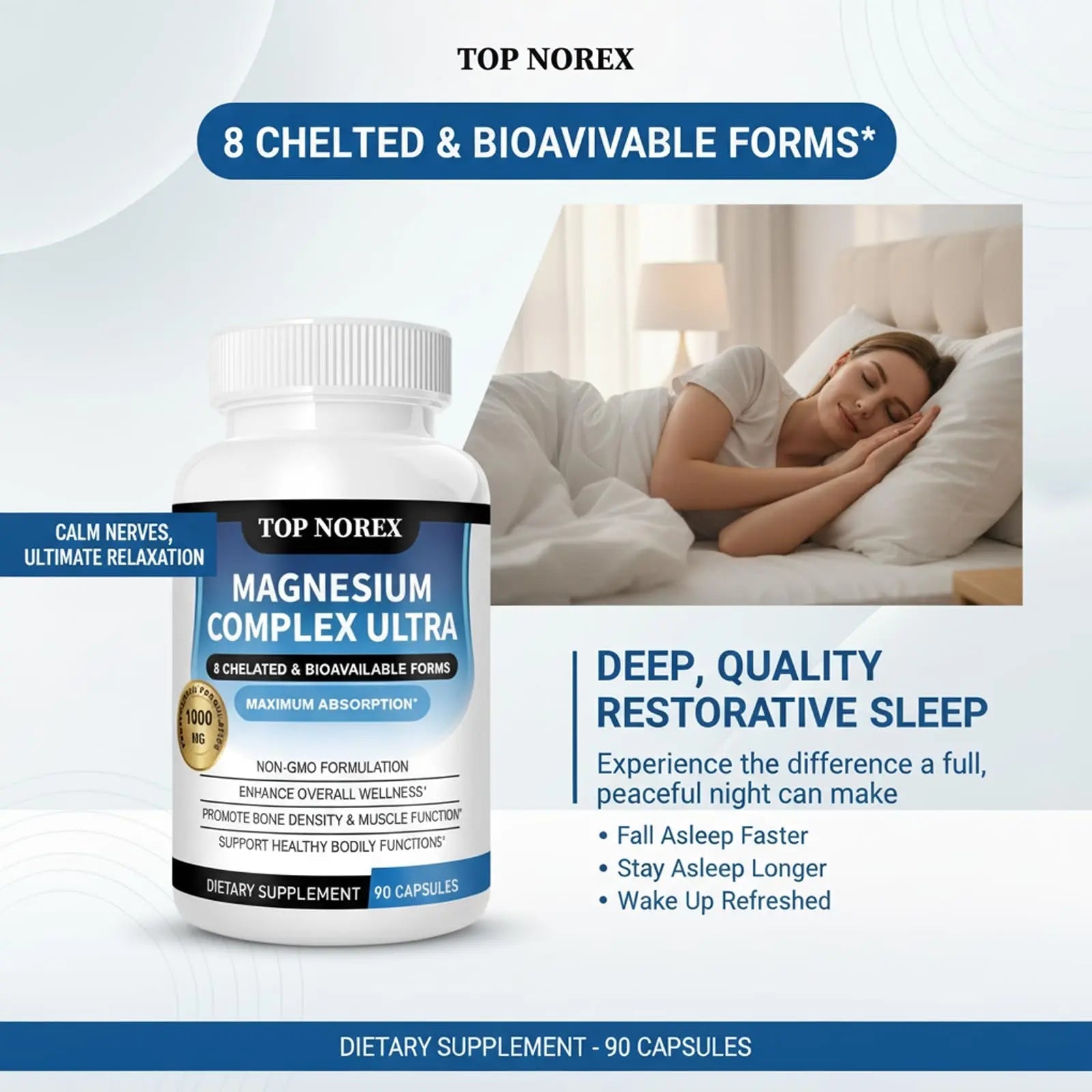 Top Norex Magnesium Complex Ultra - 8 Elemental 1000mg Magnesium Blend, Easy Absorption, 90 Capsules (1) - TrustMedUSA