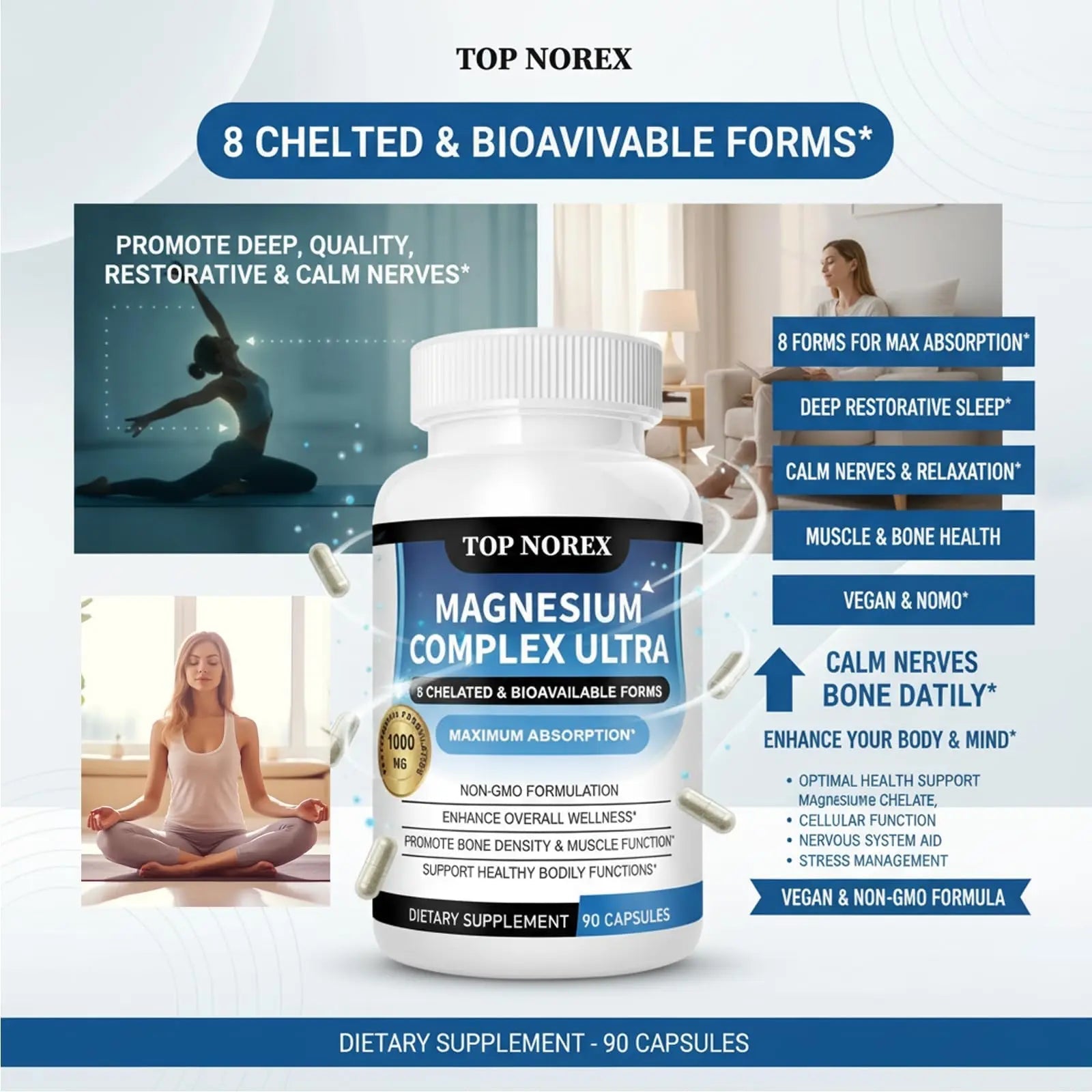 Top Norex Magnesium Complex Ultra - 8 Elemental 1000mg Magnesium Blend, Easy Absorption, 90 Capsules (1) - TrustMedUSA