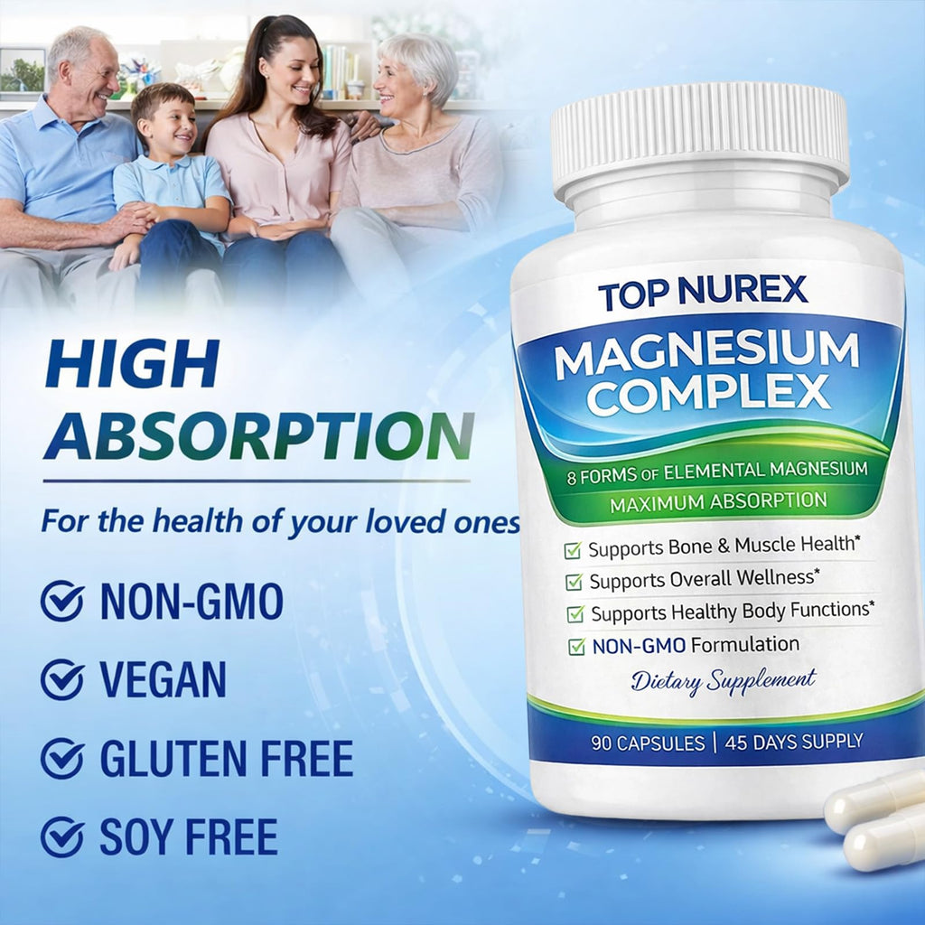 Top Nurex Magnesium Complex 1000 mg, 8-Source Magnesium Blend with Glycinate, Citrate, Malate & Taurate, Vegan Formula, Non-GMO, 90 Capsules - TrustMedUSA