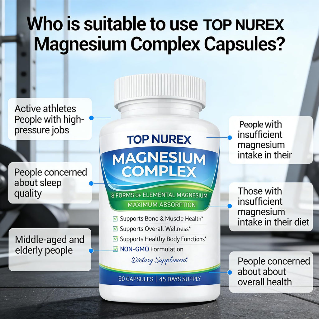Top Nurex Magnesium Complex 1000 mg, 8-Source Magnesium Blend with Glycinate, Citrate, Malate & Taurate, Vegan Formula, Non-GMO, 90 Capsules - TrustMedUSA