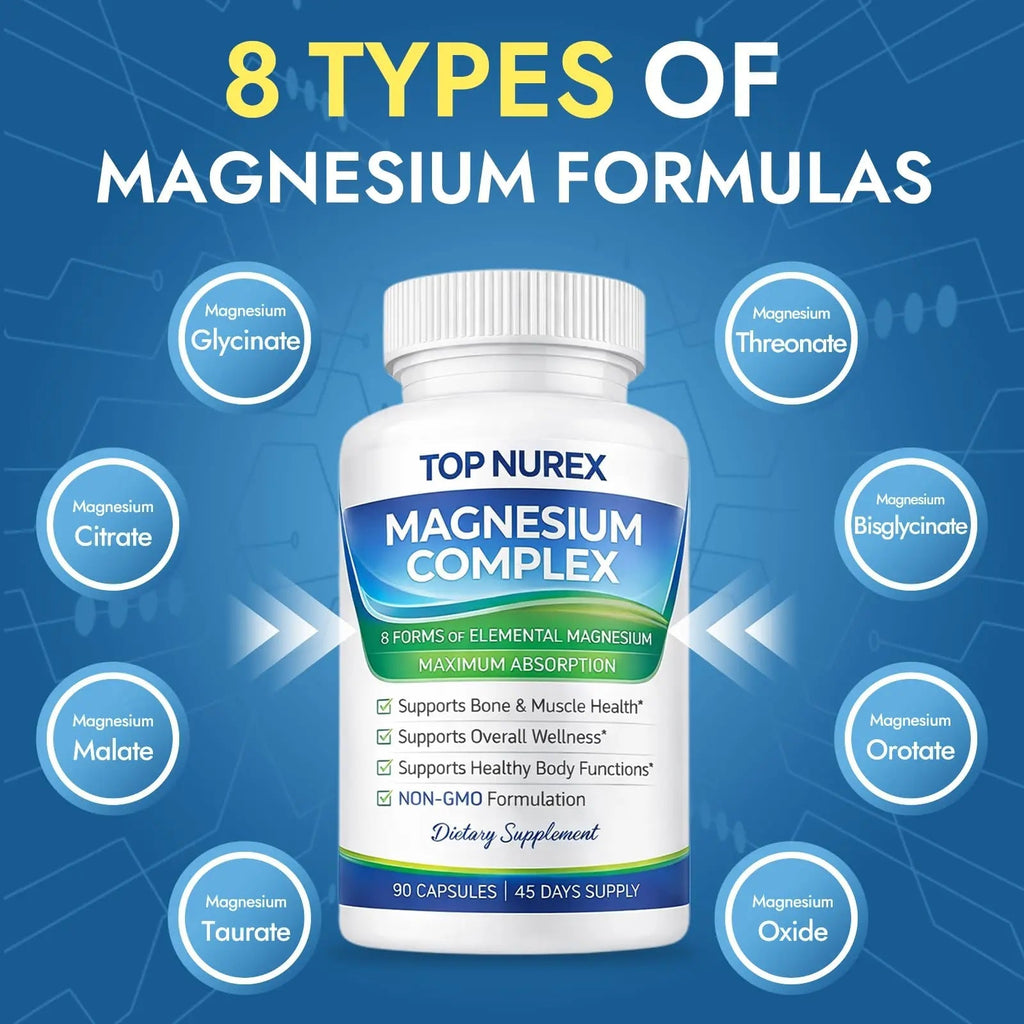 Top Nurex Magnesium Complex 1000 mg, 8-Source Magnesium Blend with Glycinate, Citrate, Malate & Taurate, Vegan Formula, Non-GMO, 90 Capsules - TrustMedUSA