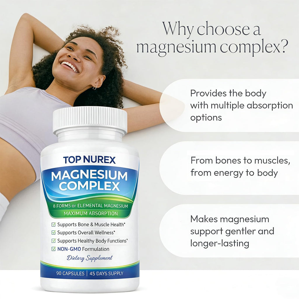 Top Nurex Magnesium Complex 1000 mg, 8-Source Magnesium Blend with Glycinate, Citrate, Malate & Taurate, Vegan Formula, Non-GMO, 90 Capsules - TrustMedUSA