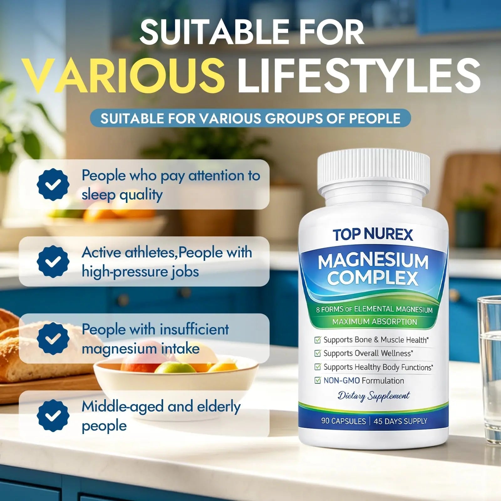 Top Nurex Magnesium Complex 1000 mg, 8-Source Magnesium Blend with Glycinate, Citrate, Malate & Taurate, Vegan Formula, Non-GMO, 90 Capsules - TrustMedUSA
