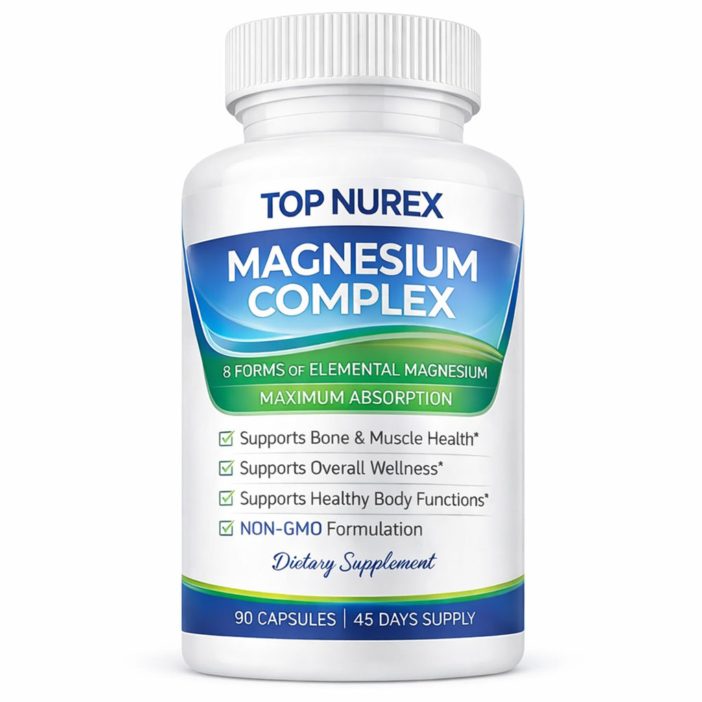 Top Nurex Magnesium Complex 1000 mg, 8-Source Magnesium Blend with Glycinate, Citrate, Malate & Taurate, Vegan Formula, Non-GMO, 90 Capsules - TrustMedUSA