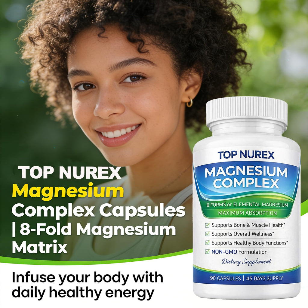 Top Nurex Magnesium Complex 1000 mg, 8-Source Magnesium Blend with Glycinate, Citrate, Malate & Taurate, Vegan Formula, Non-GMO, 90 Capsules - TrustMedUSA