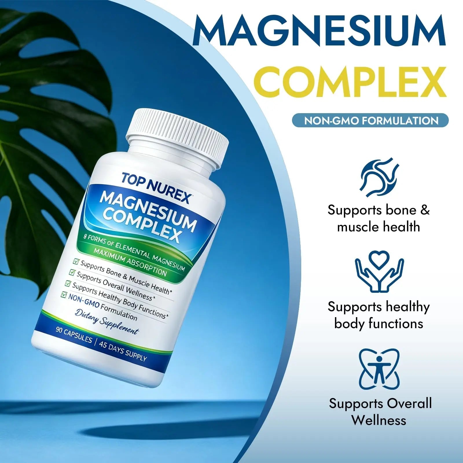 Top Nurex Magnesium Complex 1000 mg, 8-Source Magnesium Blend with Glycinate, Citrate, Malate & Taurate, Vegan Formula, Non-GMO, 90 Capsules - TrustMedUSA