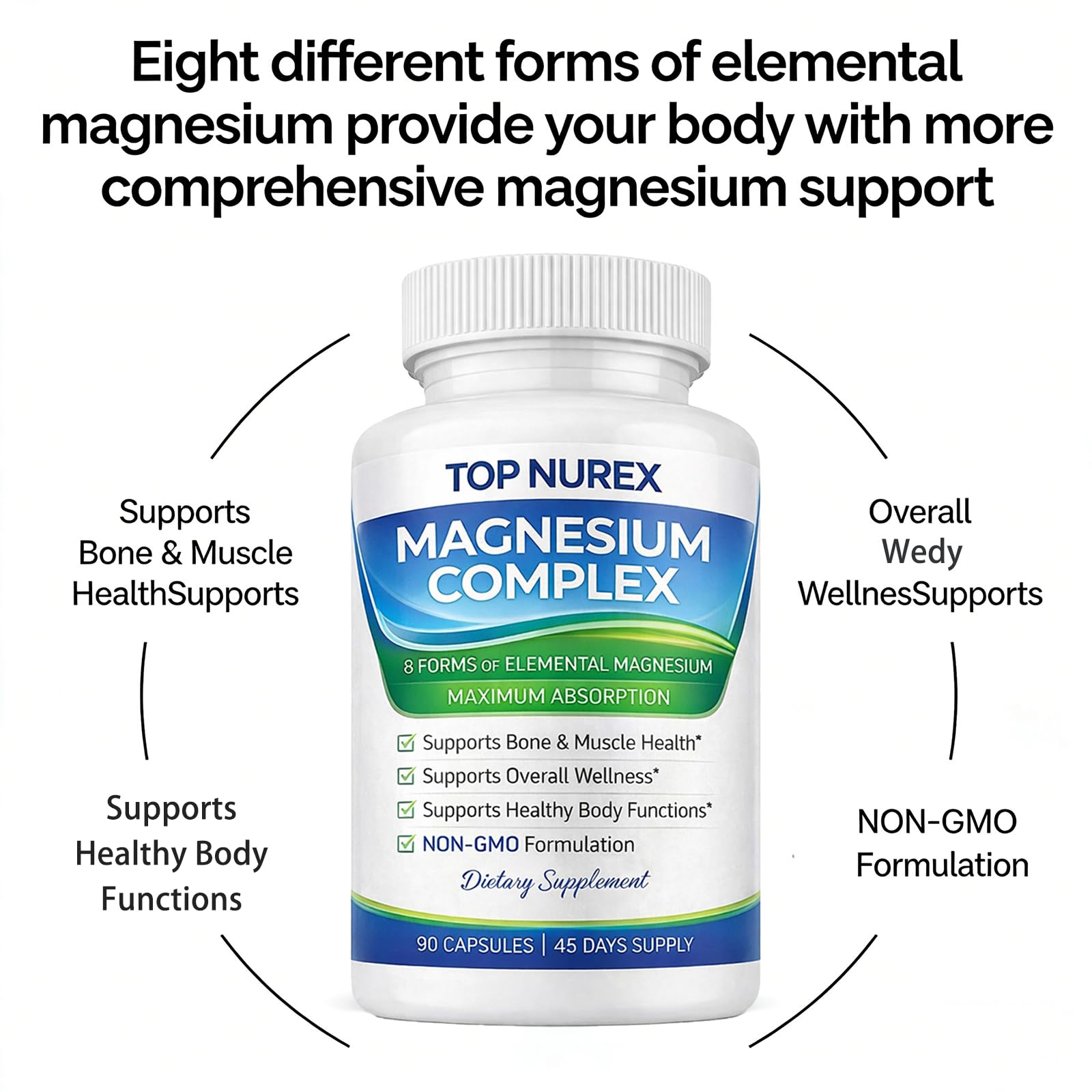 Top Nurex Magnesium Complex 1000 mg, 8-Source Magnesium Blend with Glycinate, Citrate, Malate & Taurate, Vegan Formula, Non-GMO, 90 Capsules - TrustMedUSA