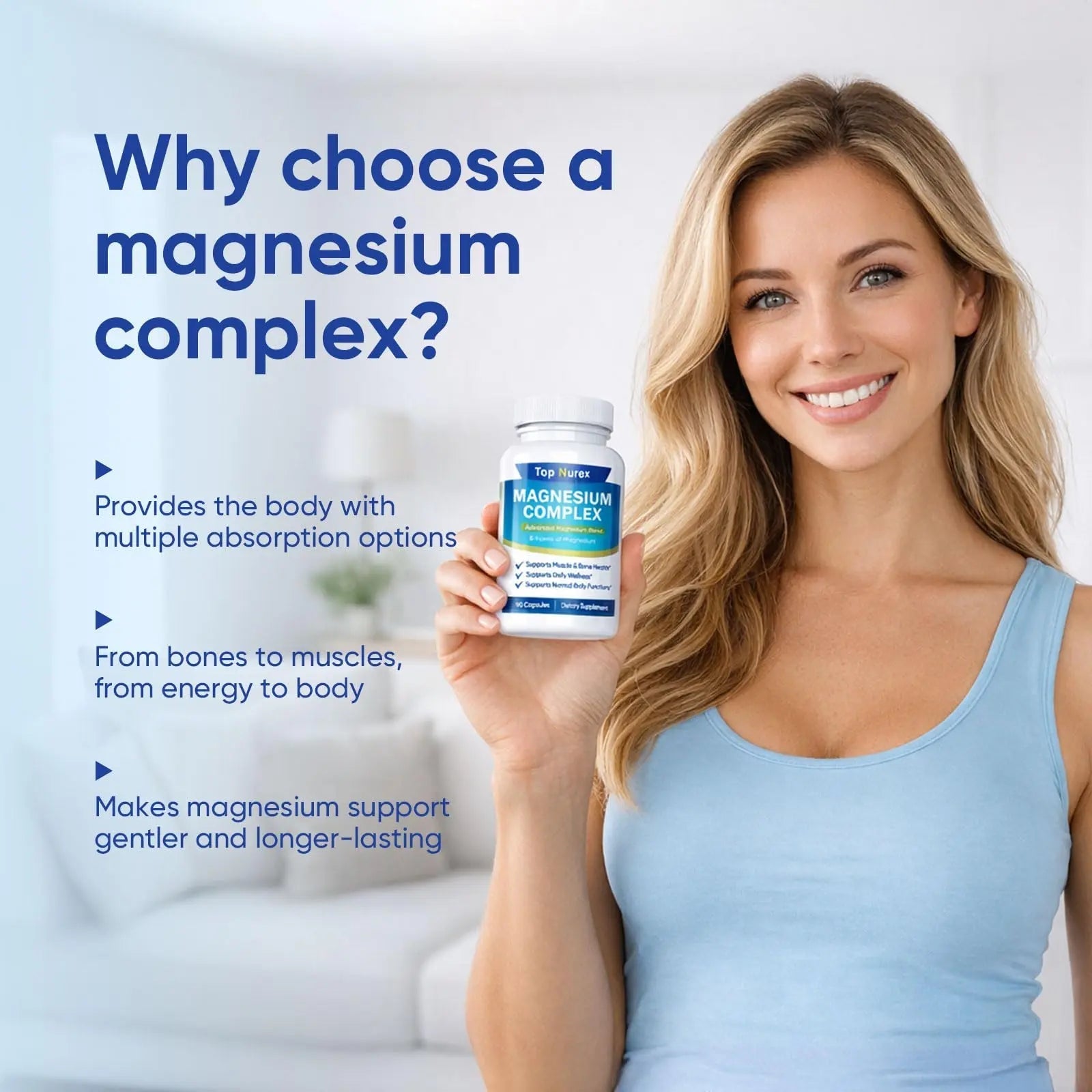 Top Nurex Magnesium Complex 1000 mg, 8-Source Magnesium Blend with Glycinate, Citrate, Malate & Taurate, Vegan Non-GMO Formula, 90 Capsules - TrustMedUSA