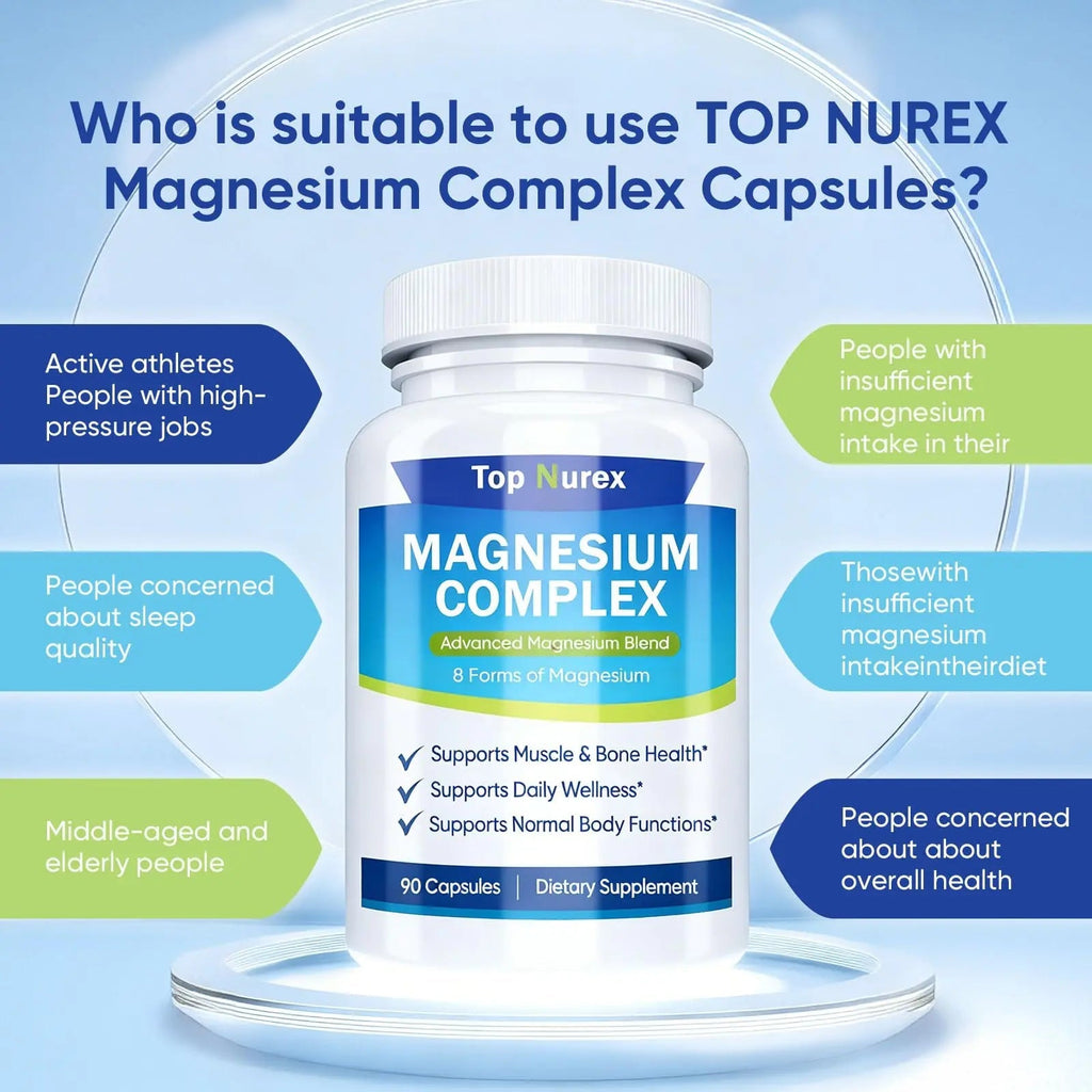 Top Nurex Magnesium Complex 1000 mg, 8-Source Magnesium Blend with Glycinate, Citrate, Malate & Taurate, Vegan Non-GMO Formula, 90 Capsules - TrustMedUSA