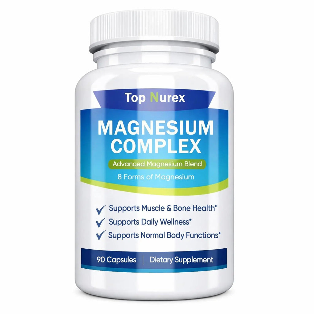 Top Nurex Magnesium Complex 1000 mg, 8-Source Magnesium Blend with Glycinate, Citrate, Malate & Taurate, Vegan Non-GMO Formula, 90 Capsules - TrustMedUSA