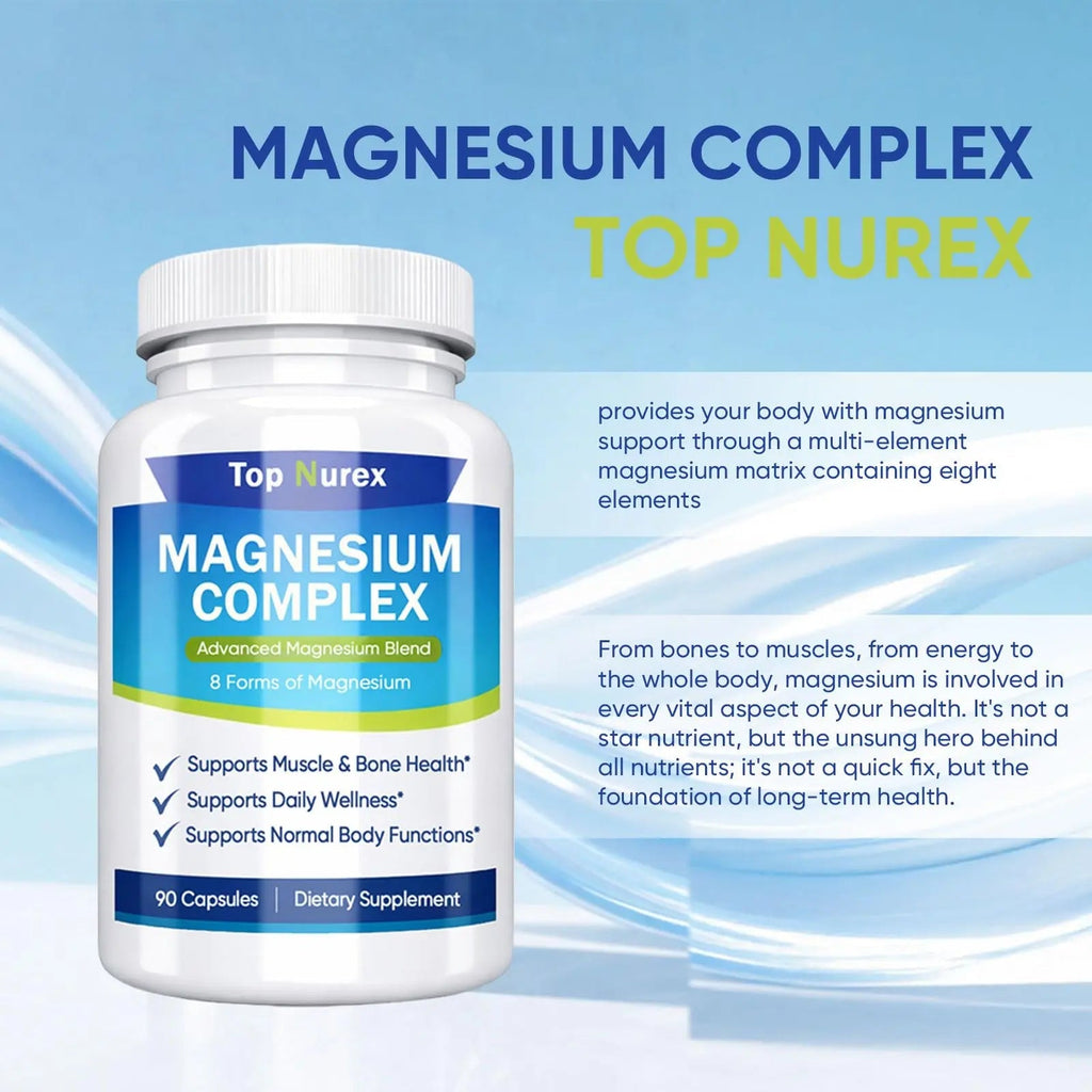 Top Nurex Magnesium Complex 1000 mg, 8-Source Magnesium Blend with Glycinate, Citrate, Malate & Taurate, Vegan Non-GMO Formula, 90 Capsules - TrustMedUSA