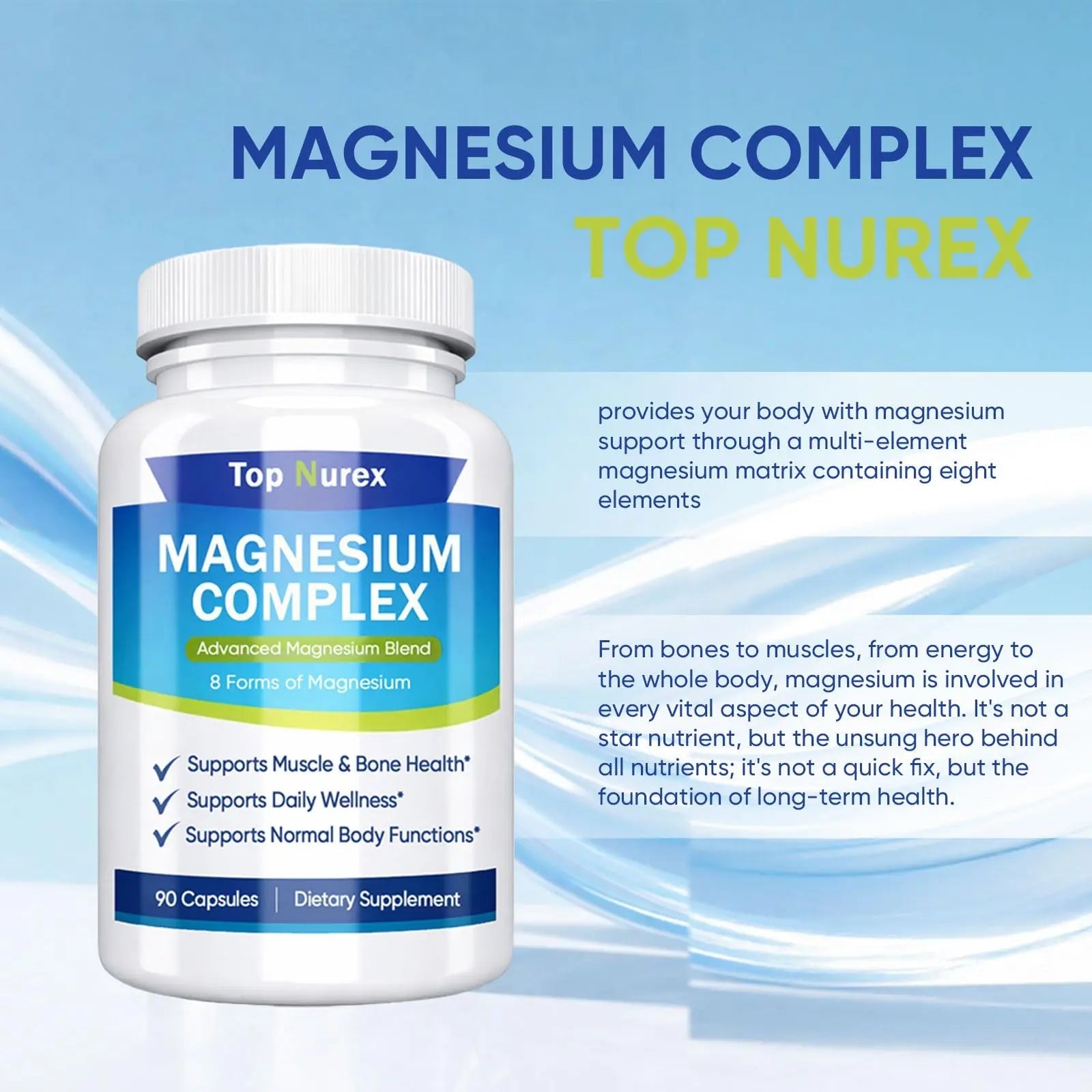 Top Nurex Magnesium Complex 1000 mg, 8-Source Magnesium Blend with Glycinate, Citrate, Malate & Taurate, Vegan Non-GMO Formula, 90 Capsules - TrustMedUSA