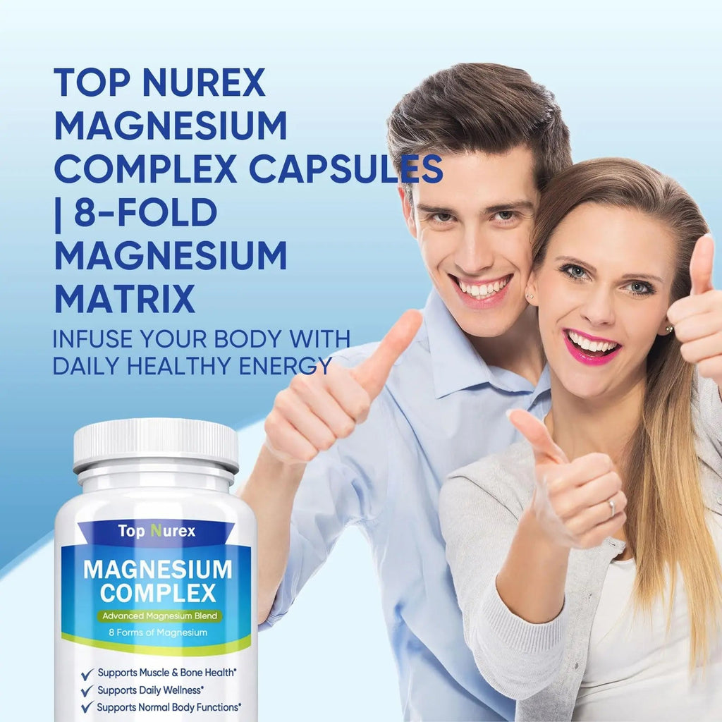Top Nurex Magnesium Complex 1000 mg, 8-Source Magnesium Blend with Glycinate, Citrate, Malate & Taurate, Vegan Non-GMO Formula, 90 Capsules - TrustMedUSA