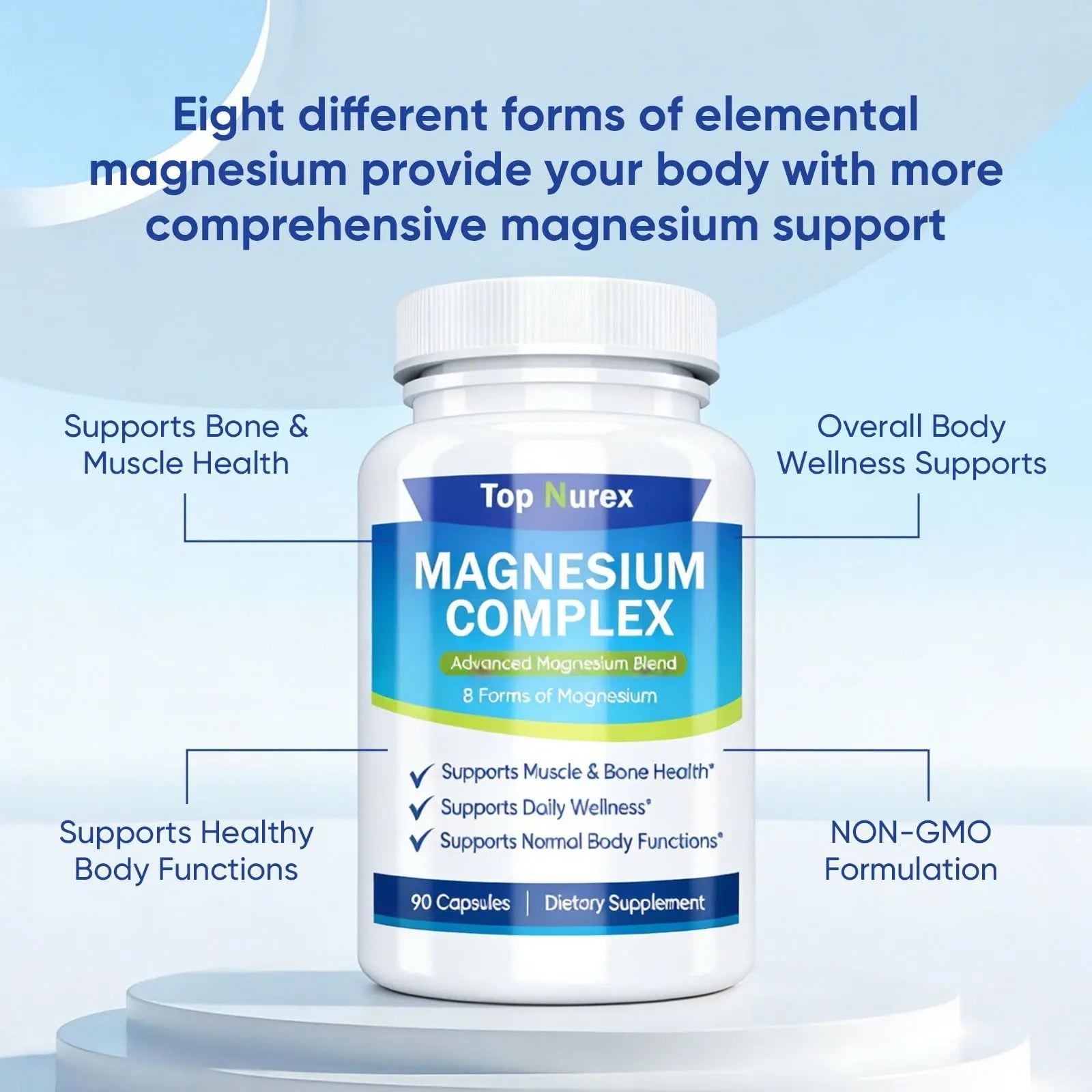 Top Nurex Magnesium Complex 1000 mg, 8-Source Magnesium Blend with Glycinate, Citrate, Malate & Taurate, Vegan Non-GMO Formula, 90 Capsules - TrustMedUSA