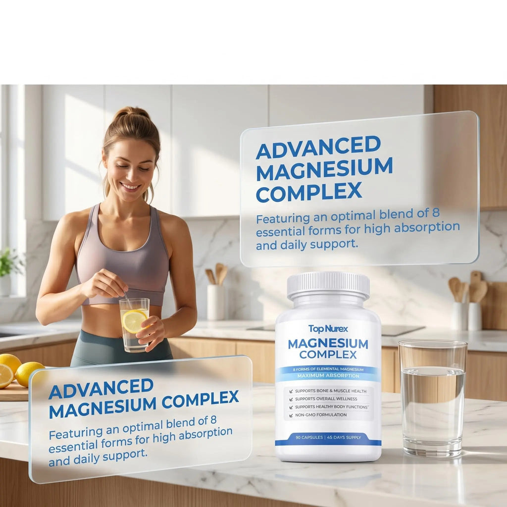 Top Nurex Magnesium Complex for Women & Men,1000mg High Absorption Blend, 8 Magnesium Forms Including Glycinate, Citrate & Malate, Daily Nutrient Support, Vegan Non-GMO, 90 Capsules (1 Pack) - TrustMedUSA