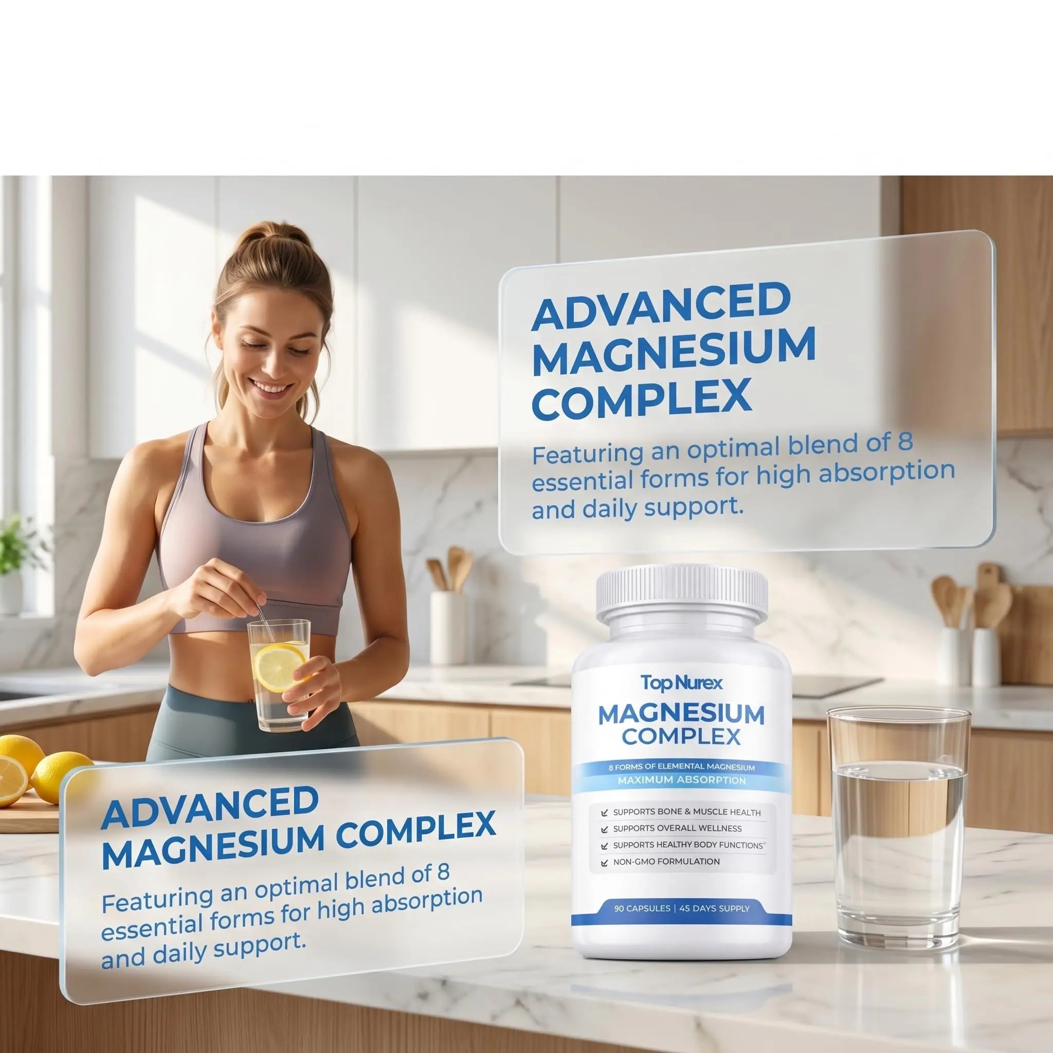 Top Nurex Magnesium Complex for Women & Men,1000mg High Absorption Blend, 8 Magnesium Forms Including Glycinate, Citrate & Malate, Daily Nutrient Support, Vegan Non-GMO, 90 Capsules (1 Pack) - TrustMedUSA