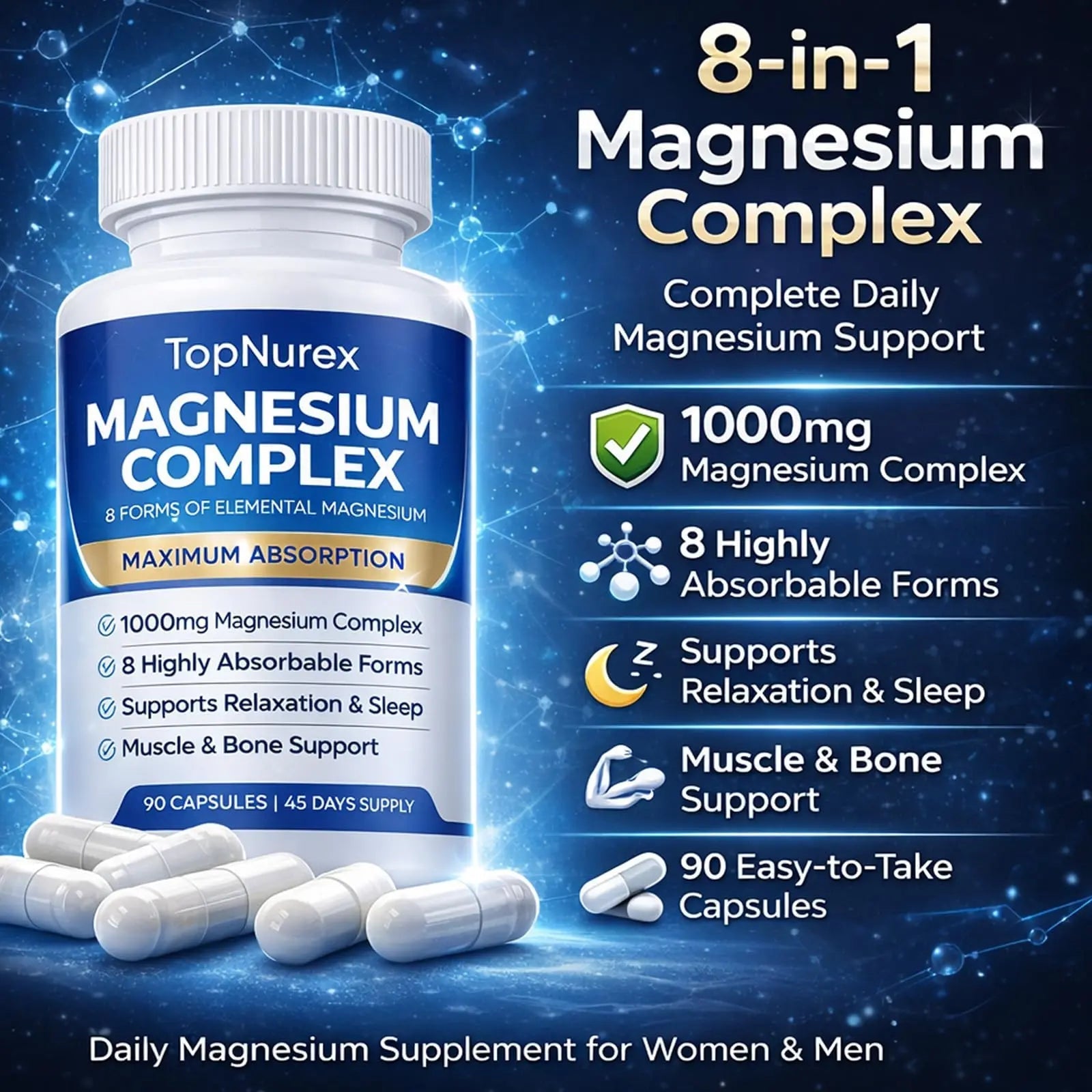 Top Nurex Magnesium Complex Supplement for Women & Men | 1000mg Maximum Absorption | 8 Magnesium Forms Including Glycinate, Citrate, Malate | Supports Relaxation, Sleep, Bone Strength | 90 Capsules - TrustMedUSA