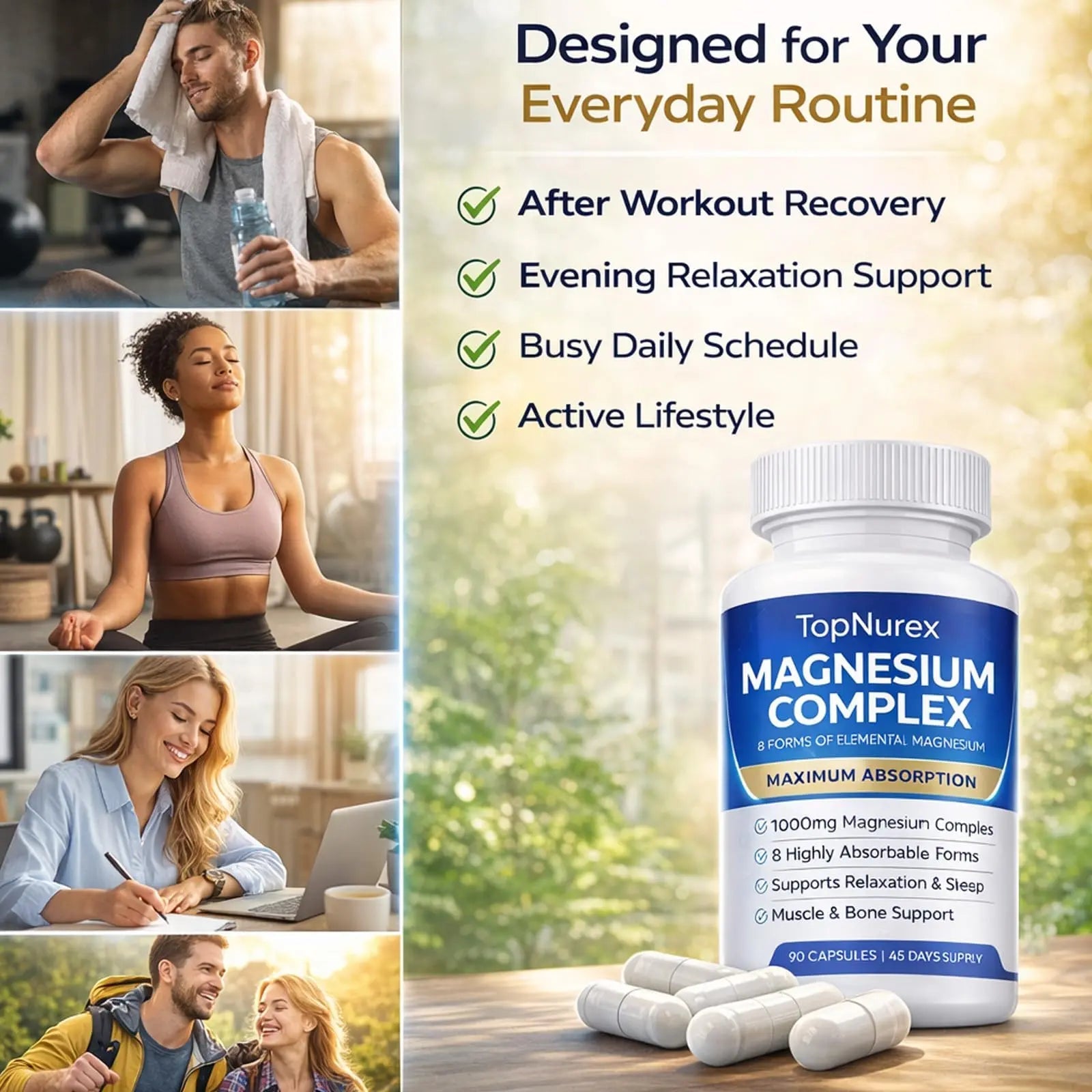 Top Nurex Magnesium Complex Supplement for Women & Men | 1000mg Maximum Absorption | 8 Magnesium Forms Including Glycinate, Citrate, Malate | Supports Relaxation, Sleep, Bone Strength | 90 Capsules - TrustMedUSA